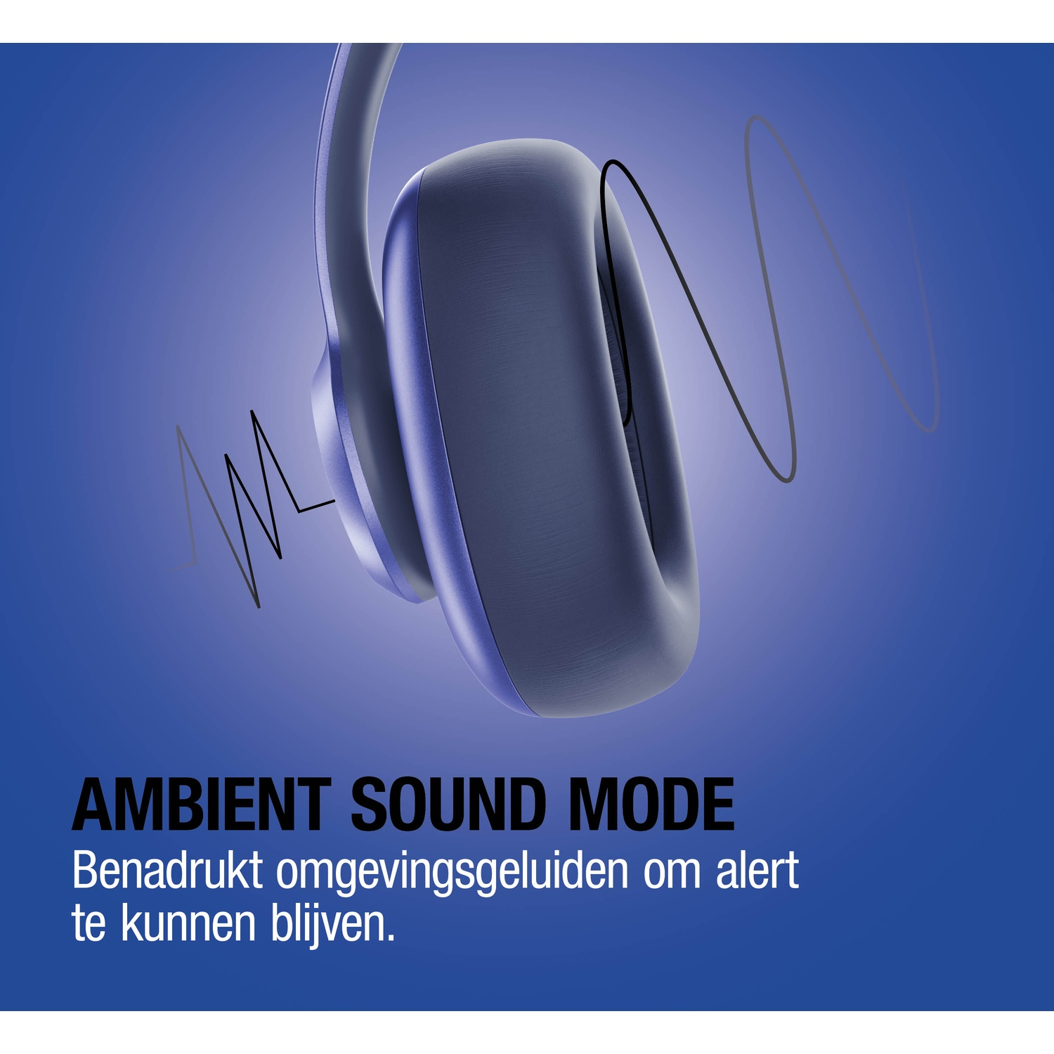 Casque bleu foncé avec ondes sonores sur fond bleu.