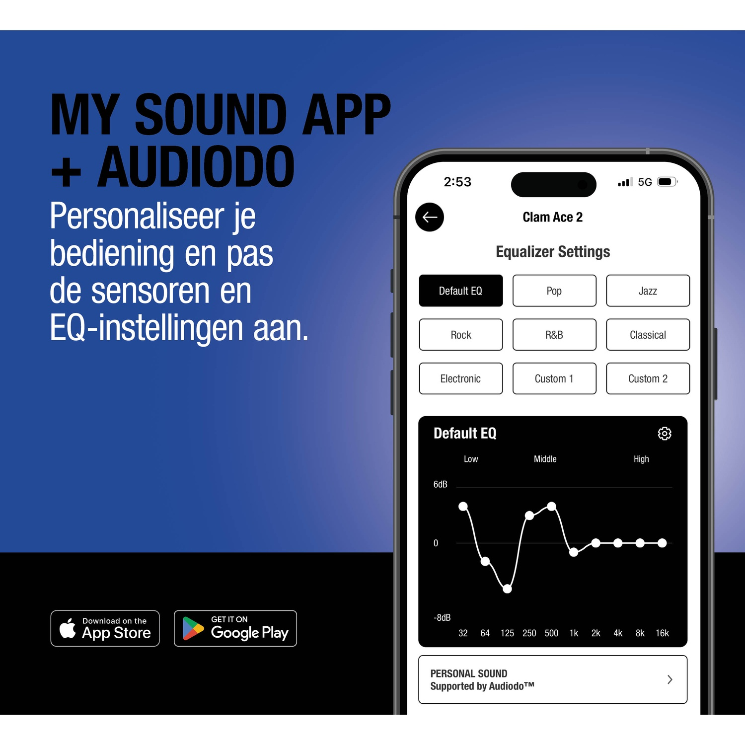 Le smartphone affiche les réglages d'égaliseur avec courbe et boutons de téléchargement App Store/Google Play.