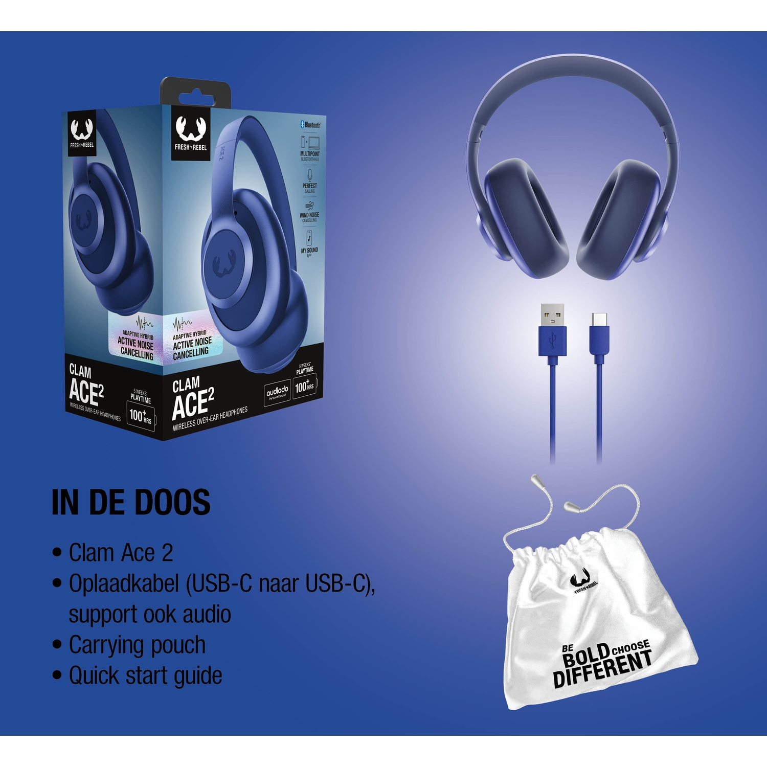 Casque bleu avec câble de chargement et pochette. Boîte produit affiche caractéristiques.