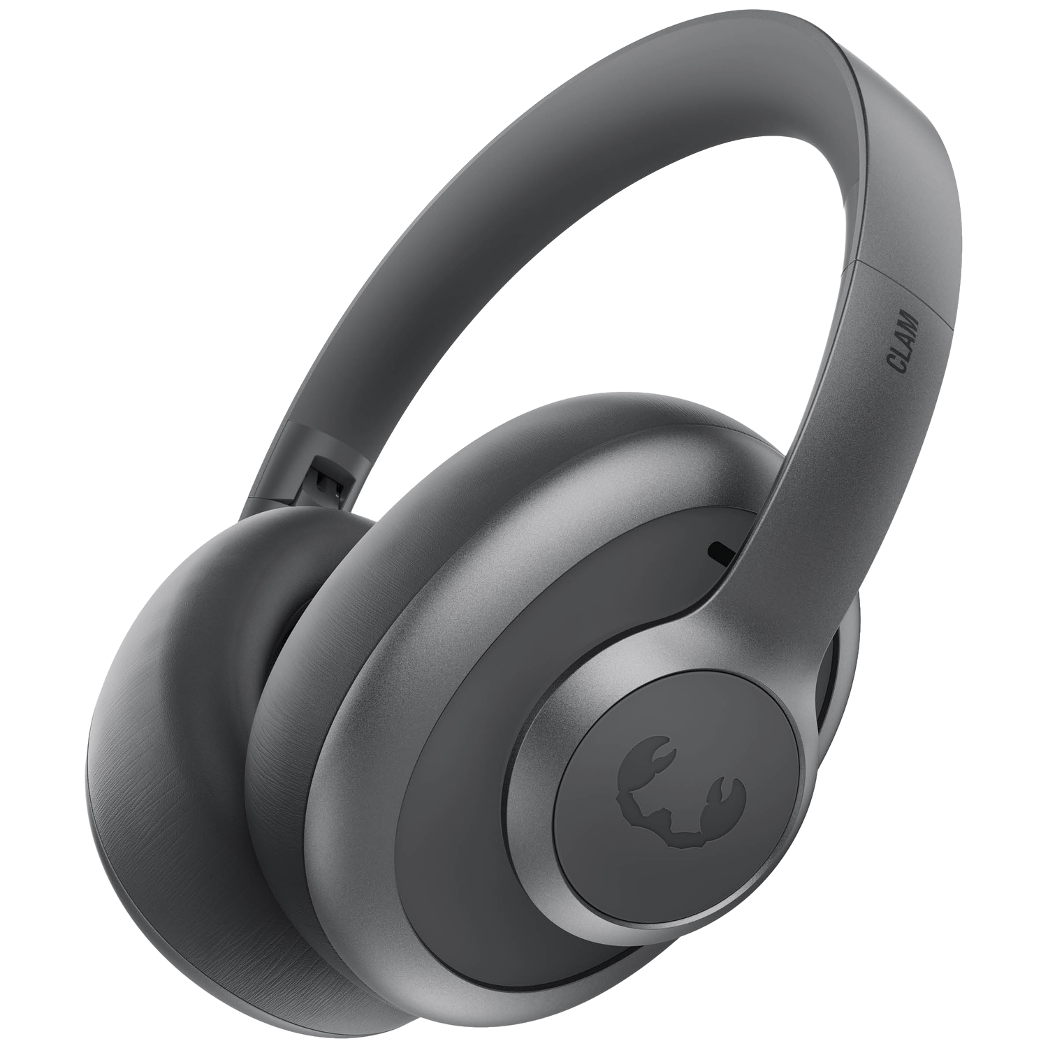 Casque gris foncé avec coussinets rembourrés et arceau réglable. Logo visible.