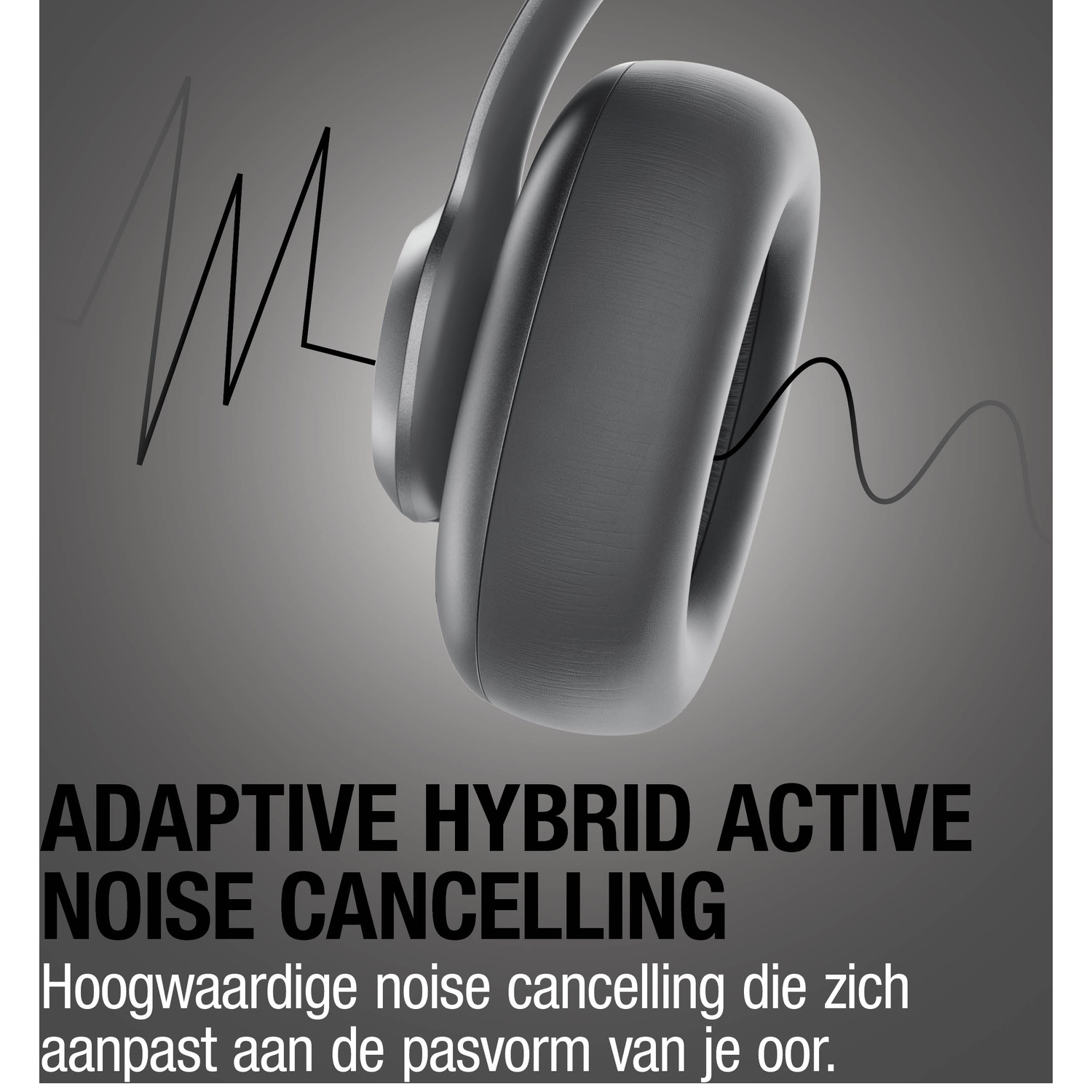 Casque gris avec ondes sonores, indiquant la réduction active du bruit.