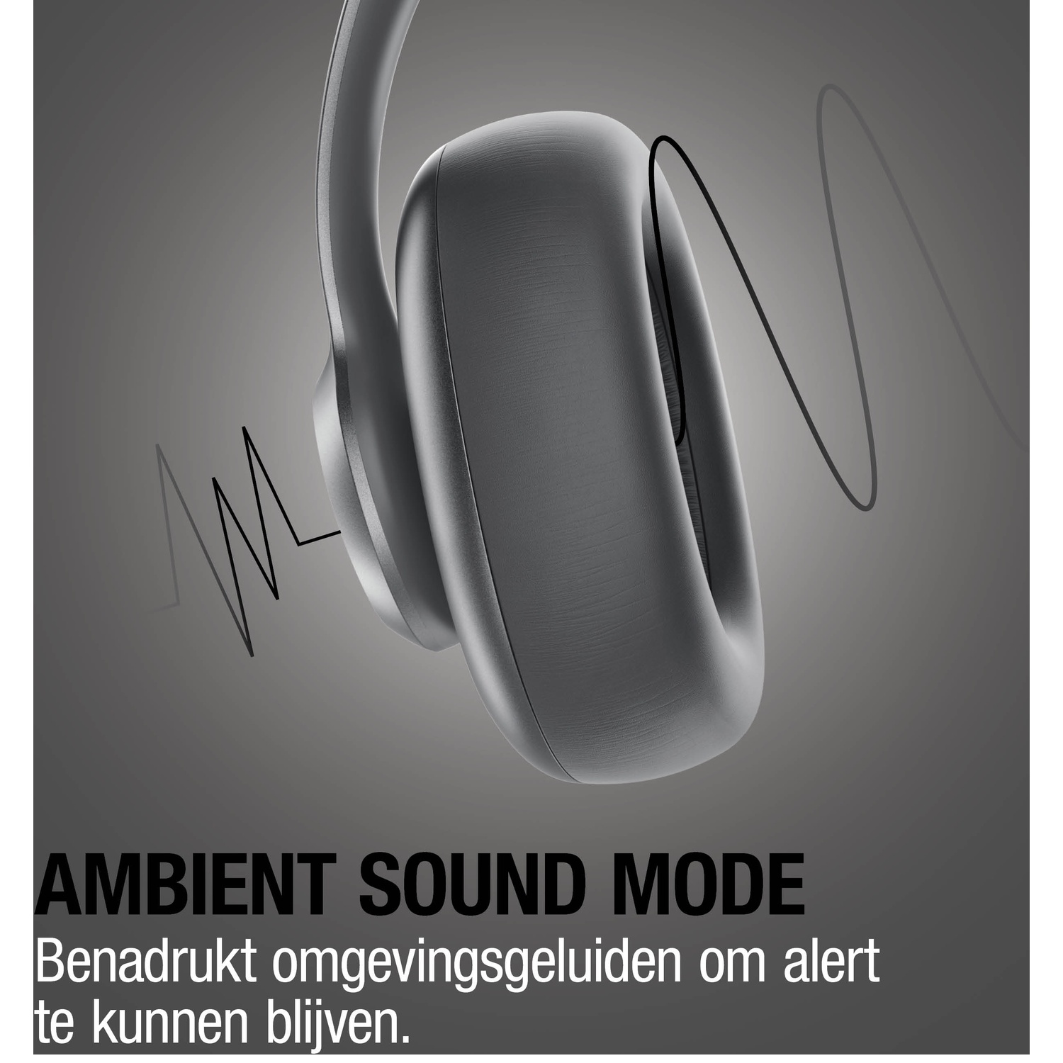 Casque gris avec graphiques d'ondes sonores. Le mode son ambiant est mis en avant.