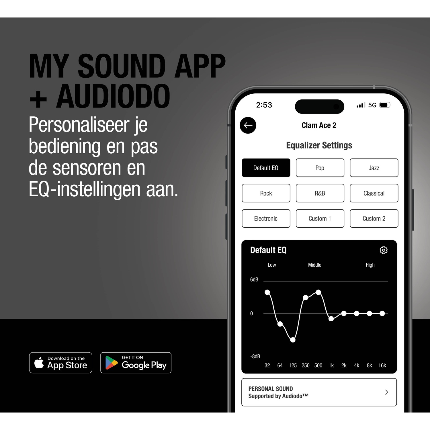L'écran affiche une application pour personnaliser les paramètres audio avec des options d'égalisation.