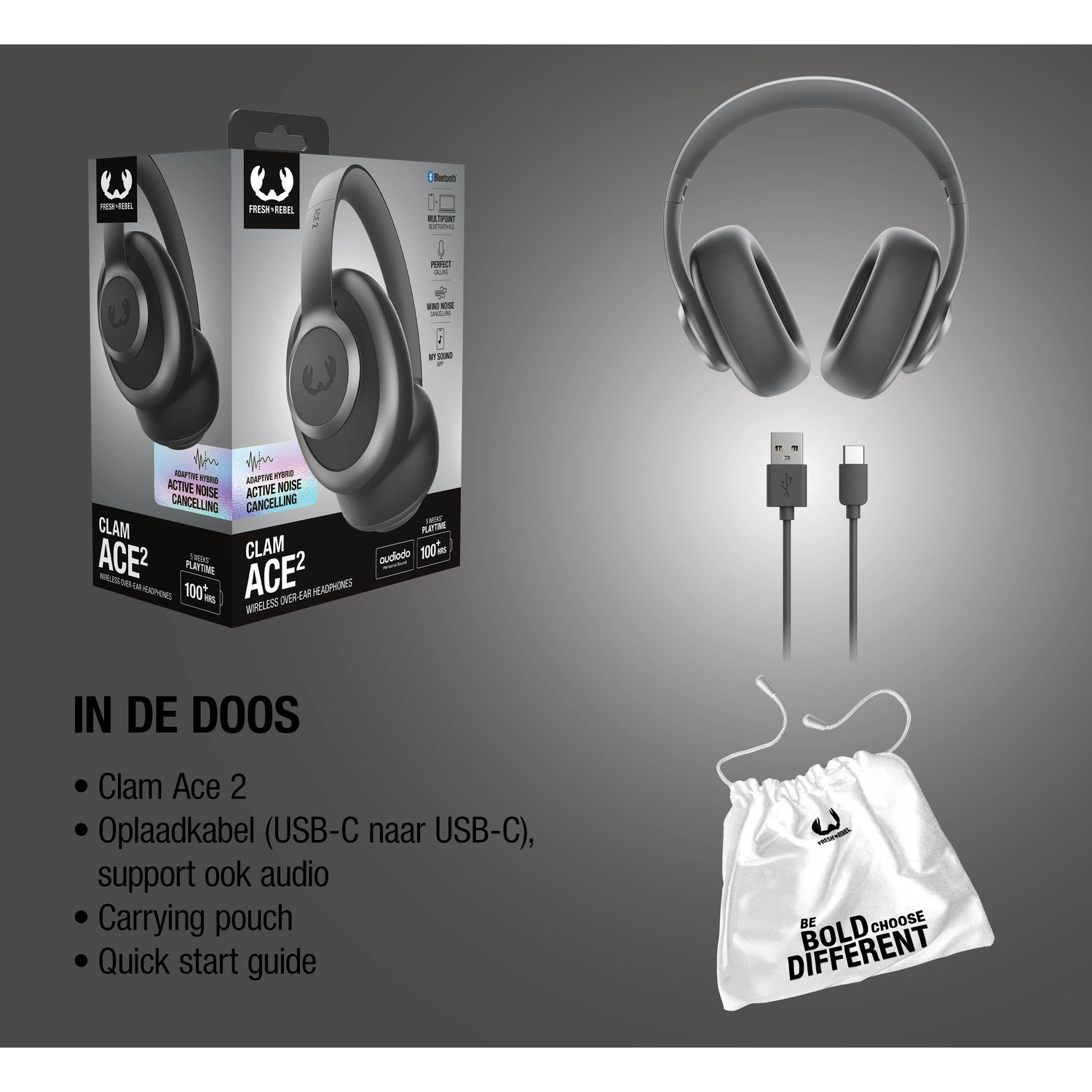 Casque supra-auriculaire gris avec câble de chargement, pochette et emballage.