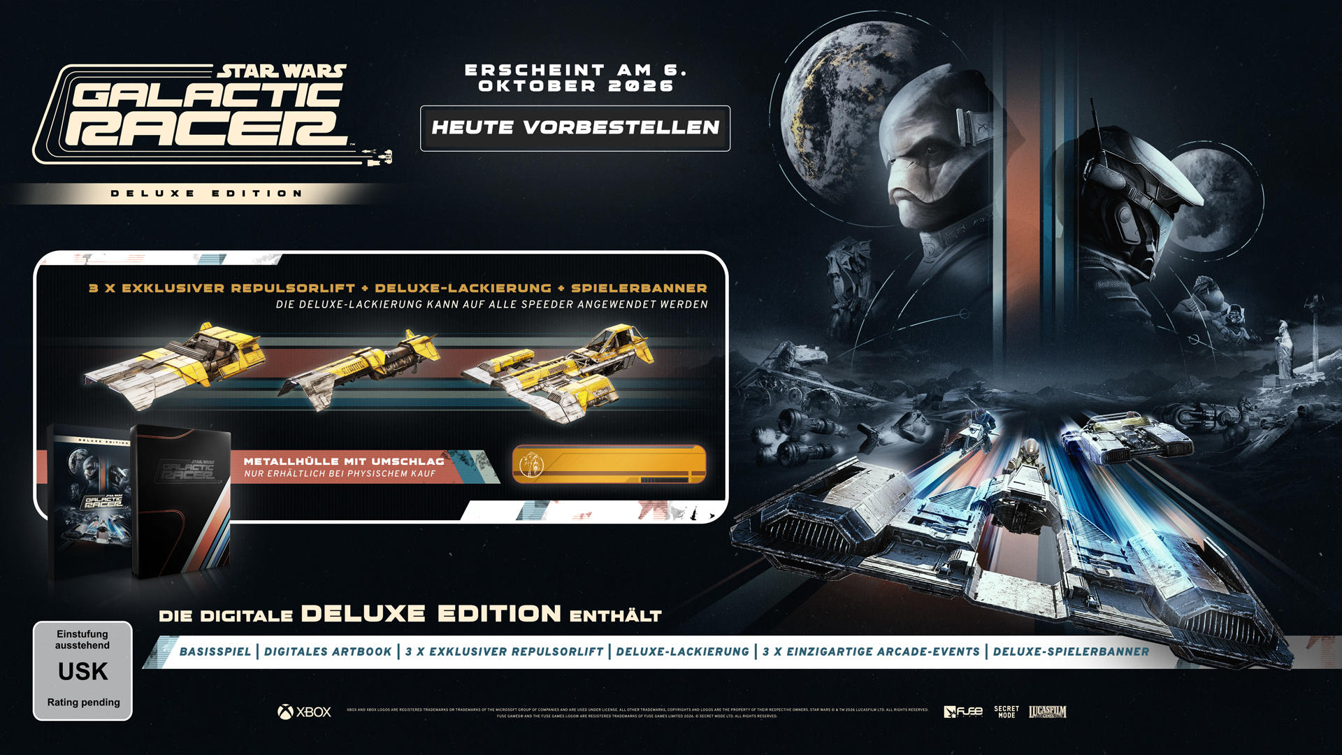 Star Wars Galactic Racer Deluxe Edition: Speeder, Charaktere, Planeten und Text.