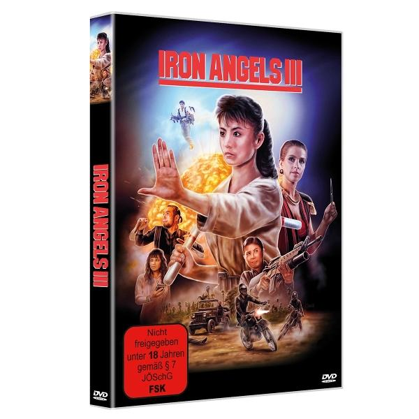DVD-Cover für "Iron Angels III" mit kämpfenden Frauen, Explosionen und Fahrzeugen.