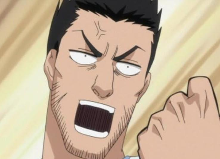 Ein Anime-Charakter mit dunklem Haar und Bart schreit mit geballter Faust.