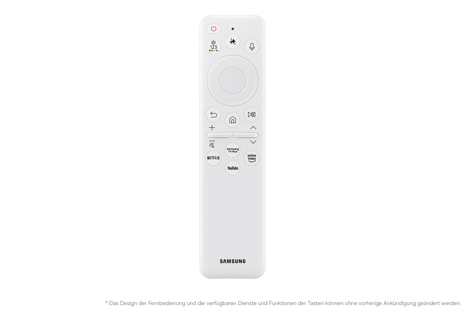 Eine weiße Samsung TV-Fernbedienung mit Tasten für Netflix, YouTube und Prime Video.