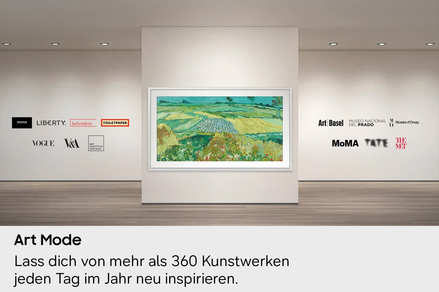 Gemälde mit Landschaft, umgeben von Logos von Kunstinstitutionen.