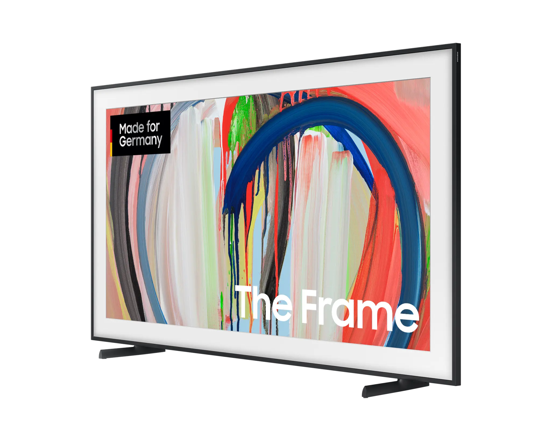 Ein moderner Fernseher mit abstraktem Gemälde und Schriftzug „The Frame“.