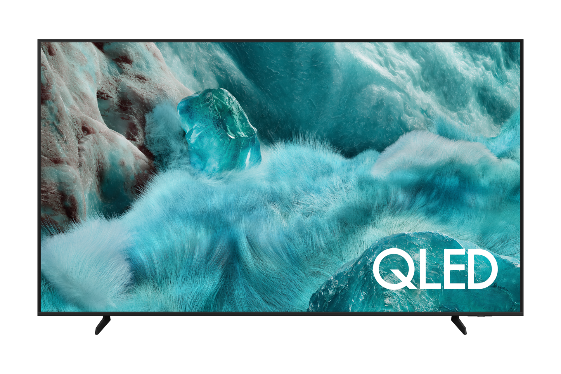 Telewizor Samsung QLED wyświetla abstrakcyjny obraz lodowych formacji.