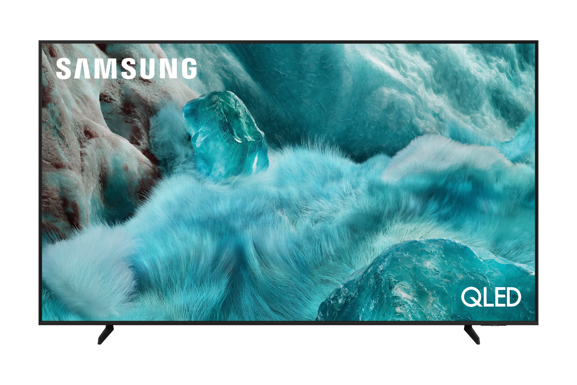 Telewizor Samsung QLED z abstrakcyjnym, lodowoniebieskim tłem.