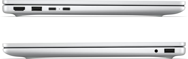Seitenansicht eines weißen Laptops mit Anschlüssen: HDMI, USB-A, 2x USB-C und Kopfhörerbuchse.