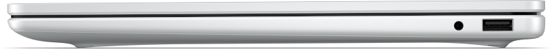 Seitenansicht eines weißen Laptops mit USB-Anschluss und Kopfhöreranschluss.