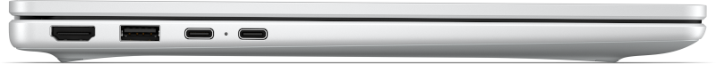Seite eines weißen Laptops mit HDMI-, USB-A- und zwei USB-C-Anschlüssen.