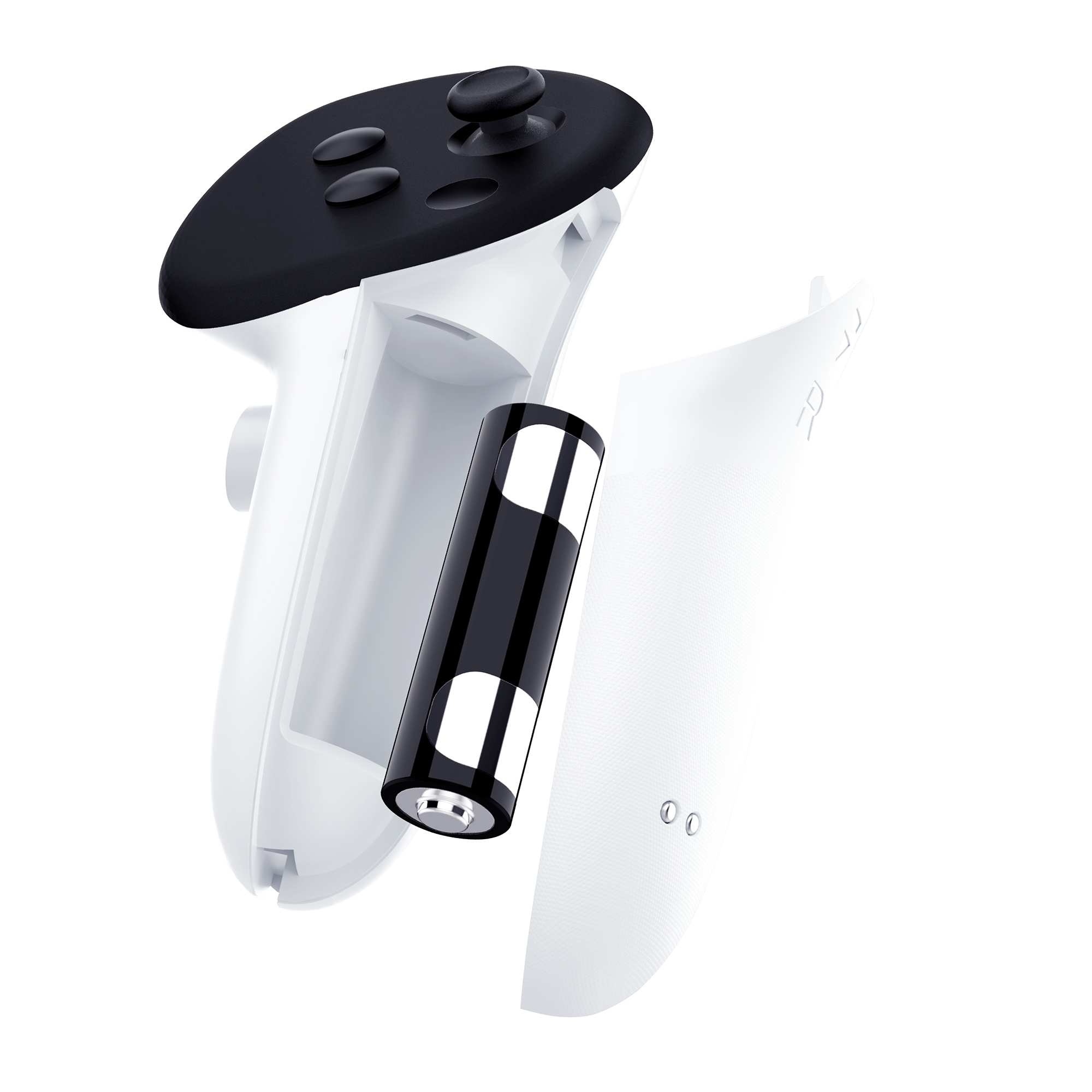 Ein weißer Controller ist zerlegt und zeigt einen schwarzen Akku mit weißen Streifen.