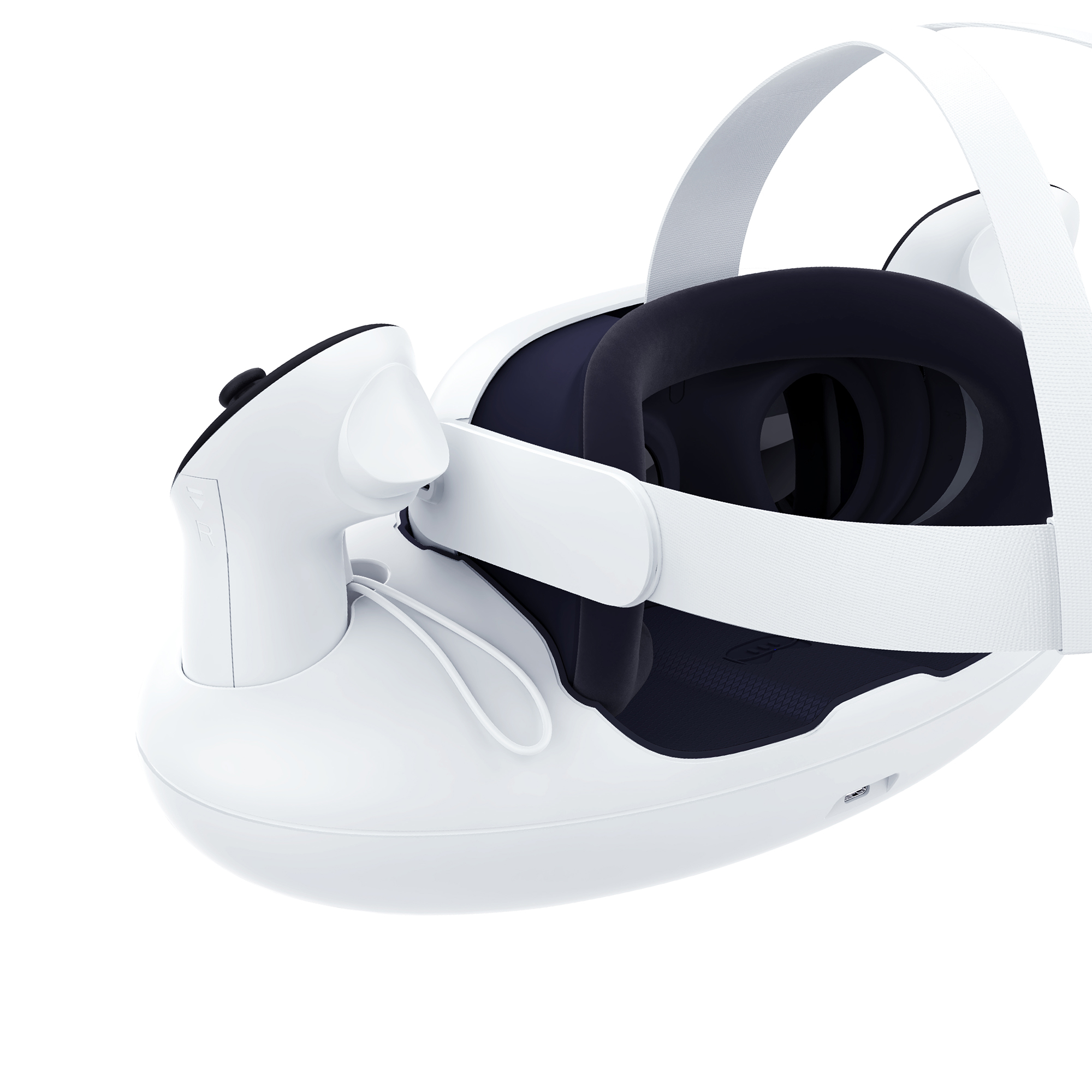 Eine weiße VR-Brille mit schwarzen Polstern und weißen Riemen, isoliert auf weiß.