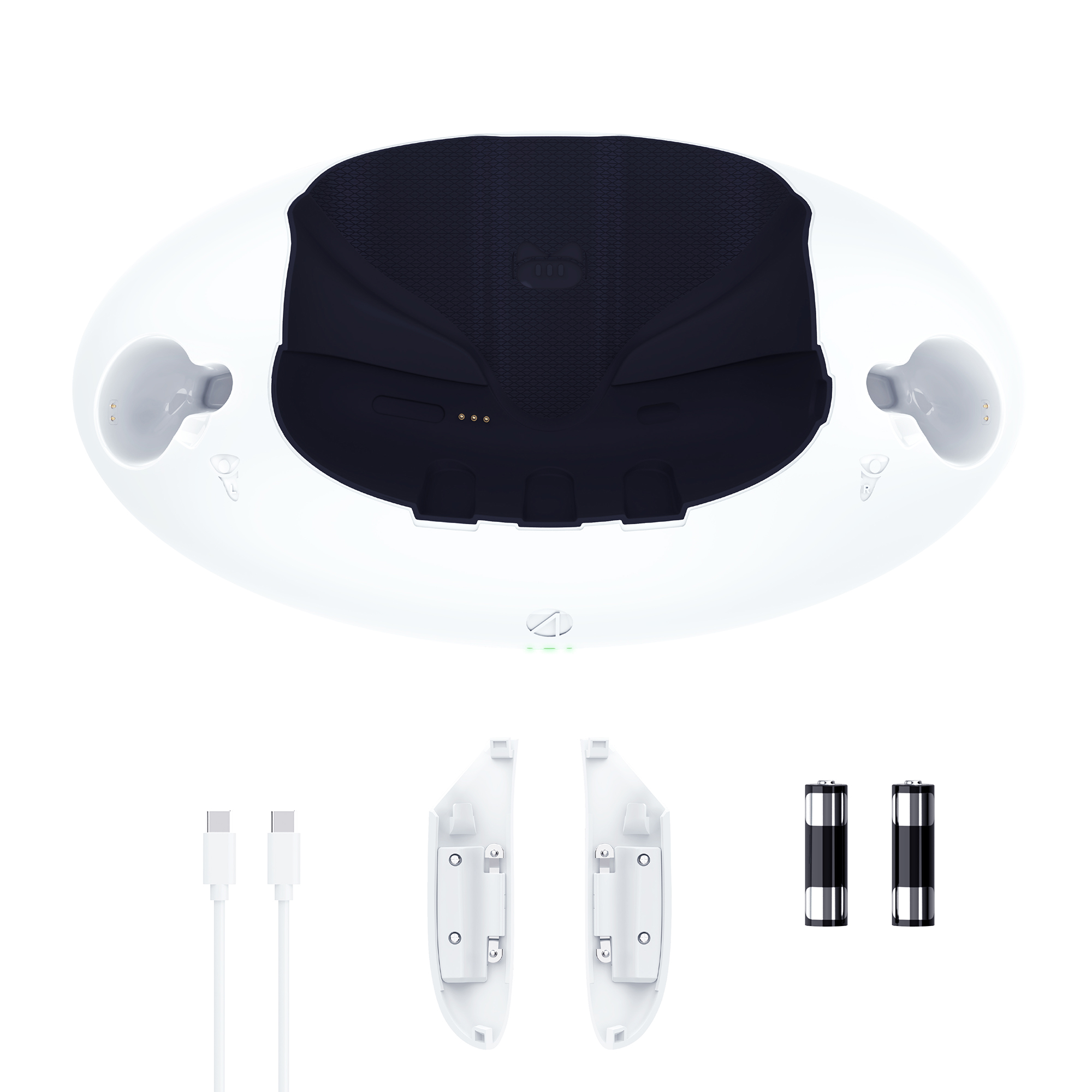 Ein weißes Ladegehäuse mit schwarzem Einsatz, zwei weiße Ohrhörer, zwei weiße Kabel und zwei Batterien.