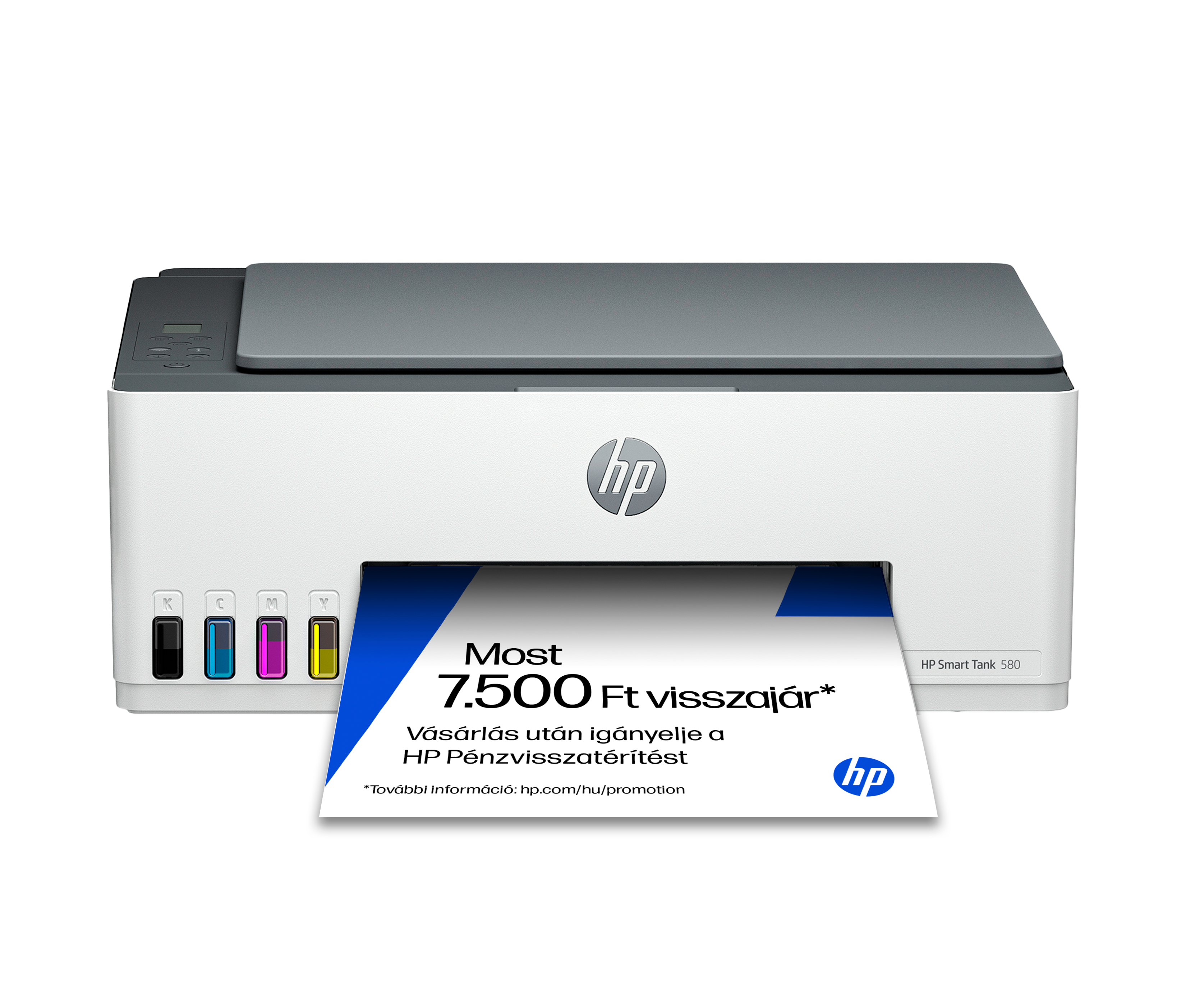 Fehér HP Smart Tank 580 nyomtató szürke fedéllel és tintatartályokkal.
