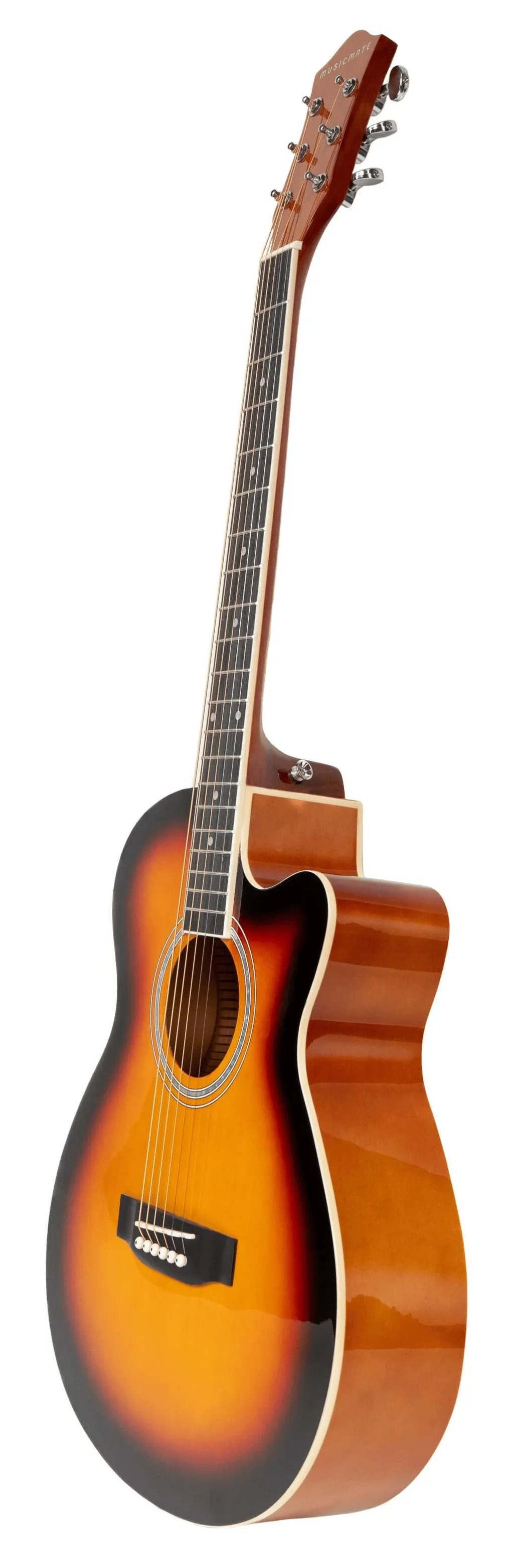 Brązowa gitara akustyczna z wykończeniem sunburst, na białym tle.