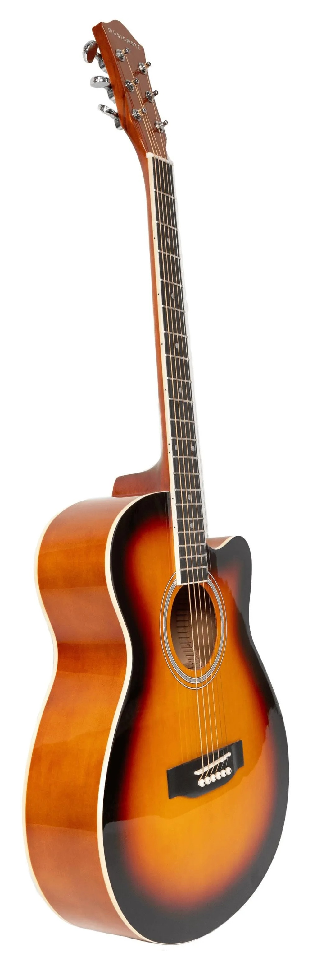 Brązowa gitara akustyczna z wykończeniem sunburst, od jasnego do ciemnego.