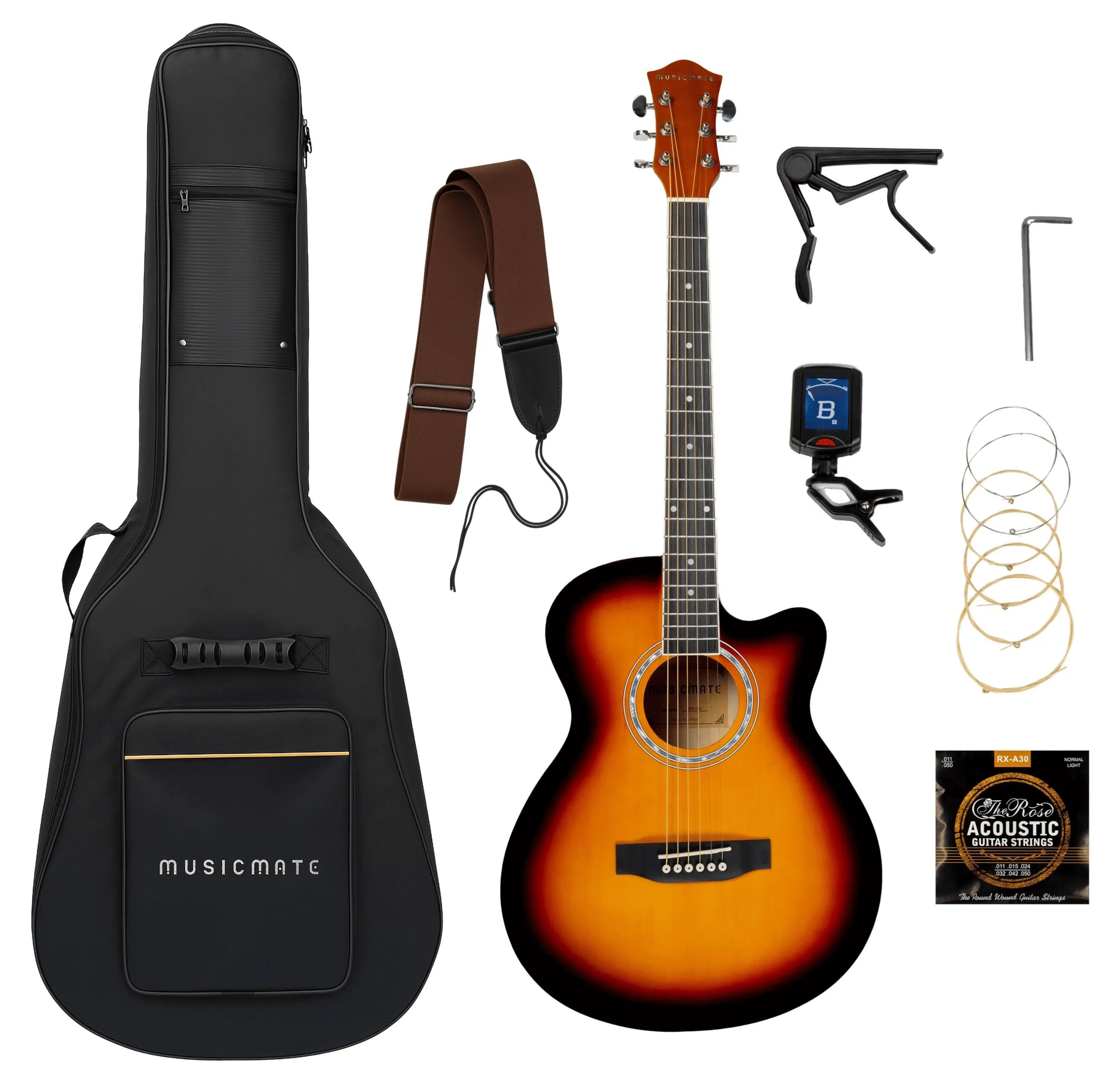 Zestaw gitarowy z futerałem, gitarą, paskiem, kapodastrem, tunerem i strunami.