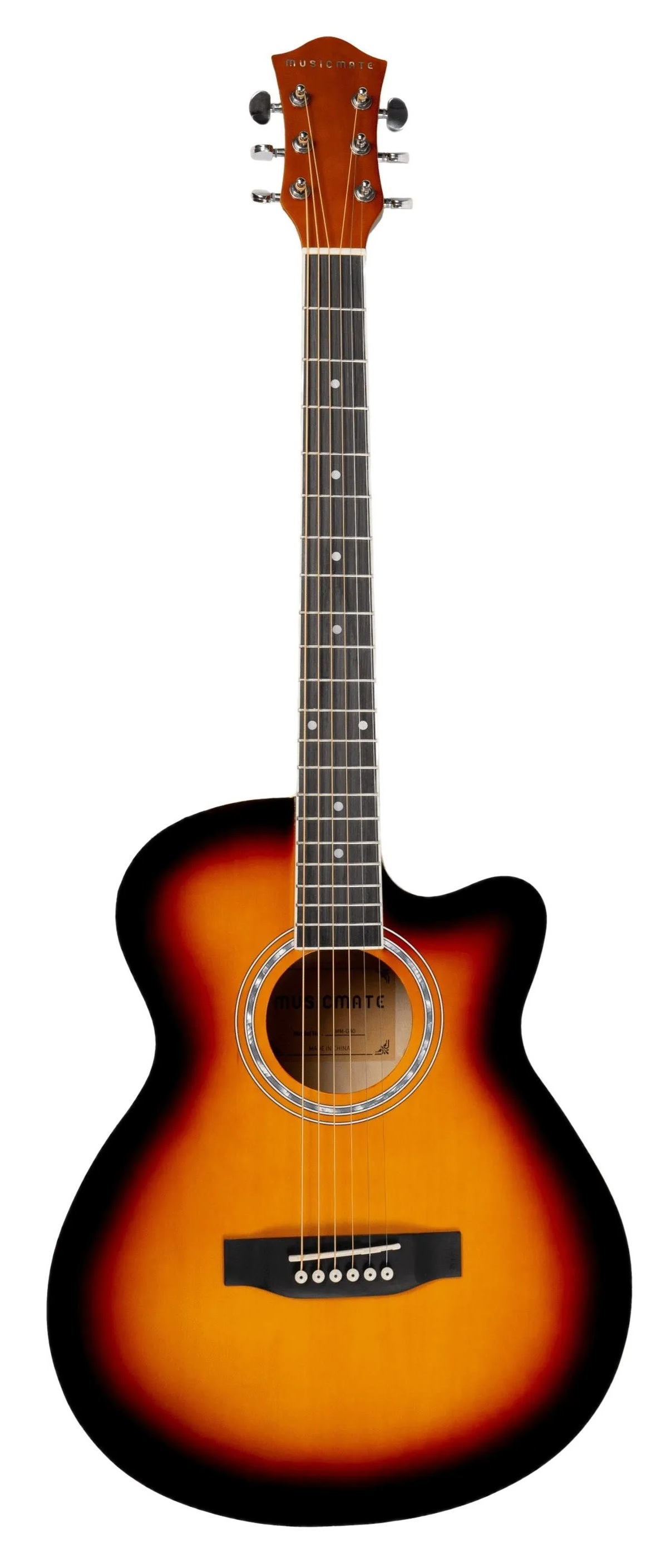 Gitara westernowa z wykończeniem sunburst i wcięciem.