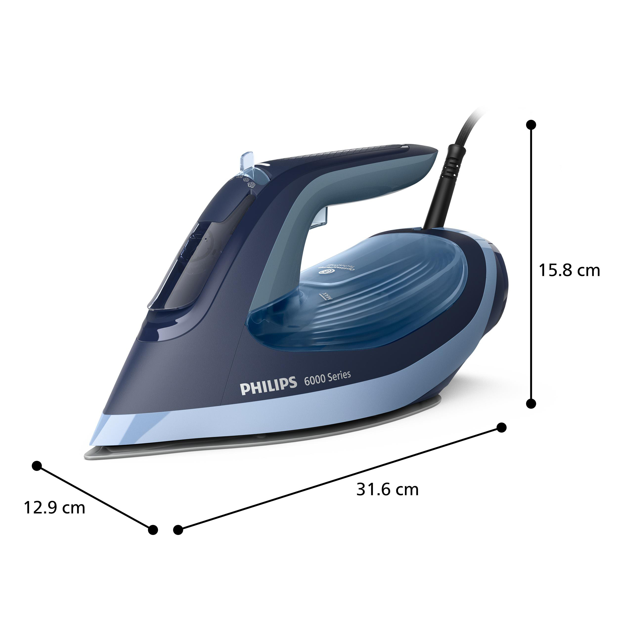 Dampfbügeleisen von Philips, 6000er Serie, blau und hellblau, mit Maßen.