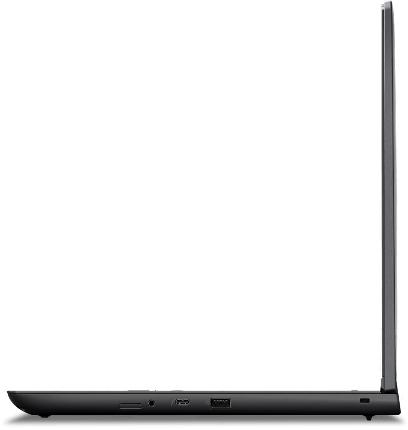 Zárt, fekete laptop oldalsó nézete, csatlakozókkal.