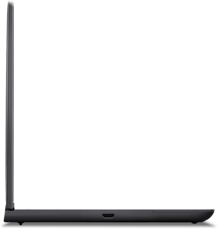 Zárt fekete laptop oldalsó nézete HDMI porttal.