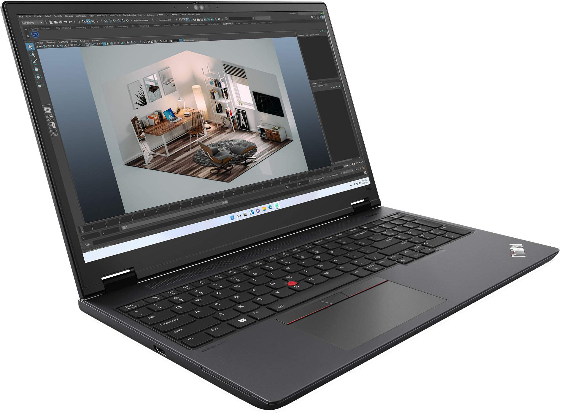 Egy laptop 3D belső teret mutat asztallal, székkel és polcokkal.