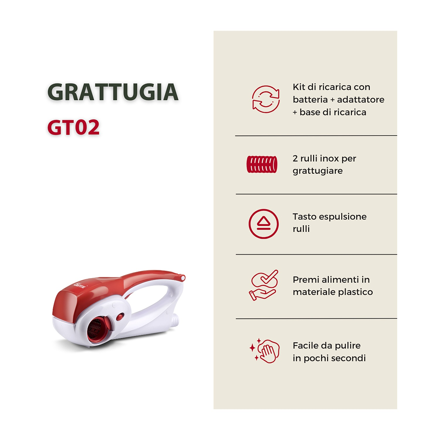 Grattugia elettrica rossa e bianca, modello GT02, con caratteristiche elencate.