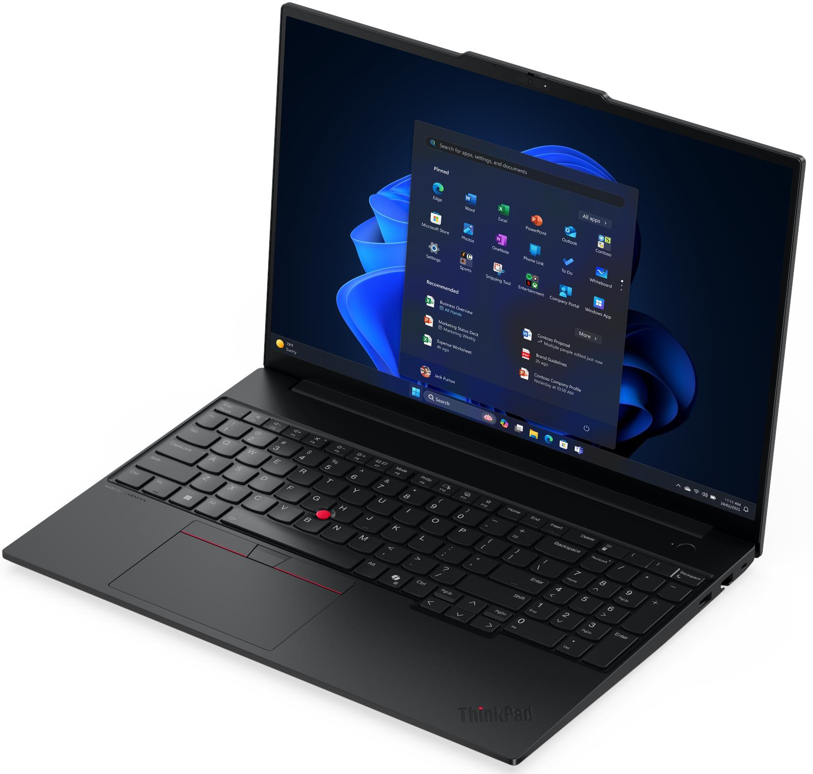 Egy fekete ThinkPad laptop nyitott Windows 11 menüvel a képernyőn.