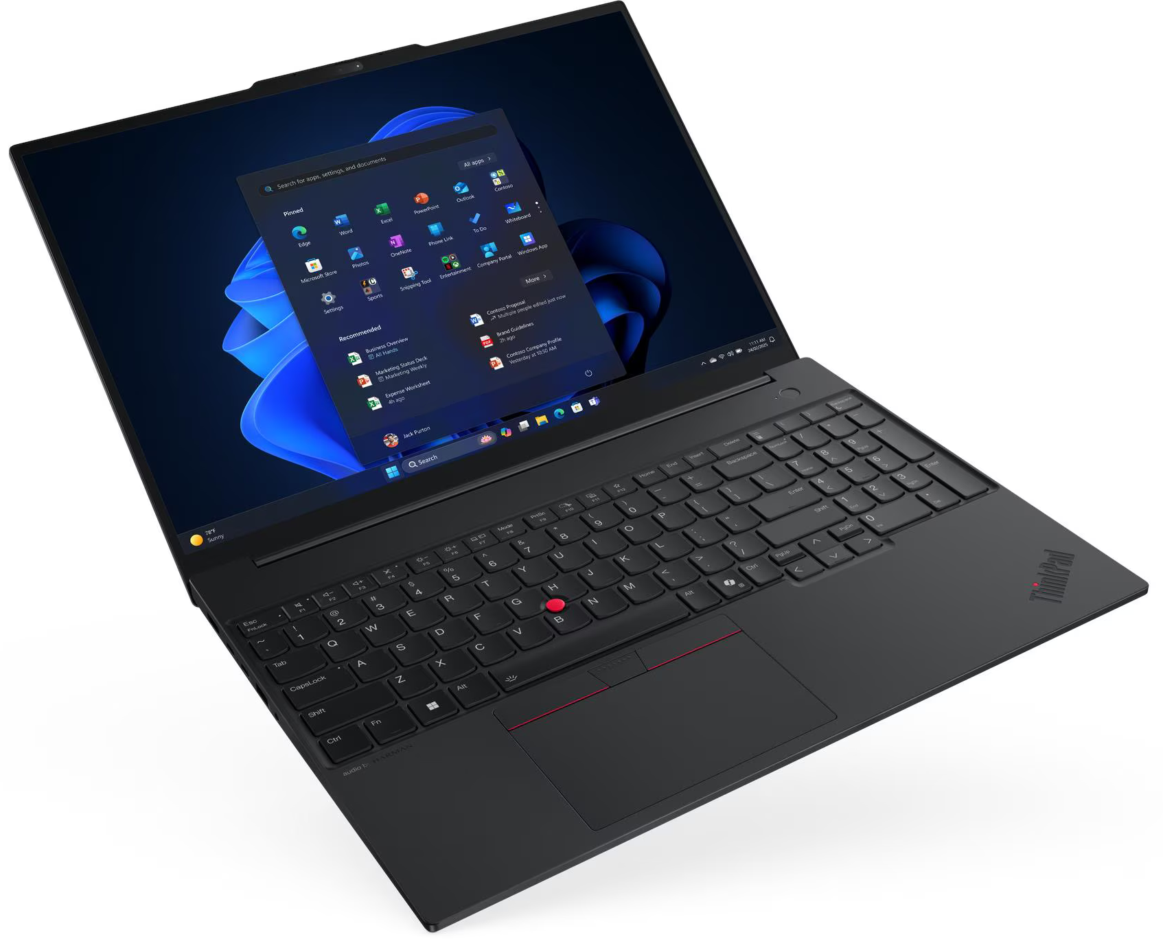 Fekete laptop Windows 11 indítómenüvel a képernyőn.