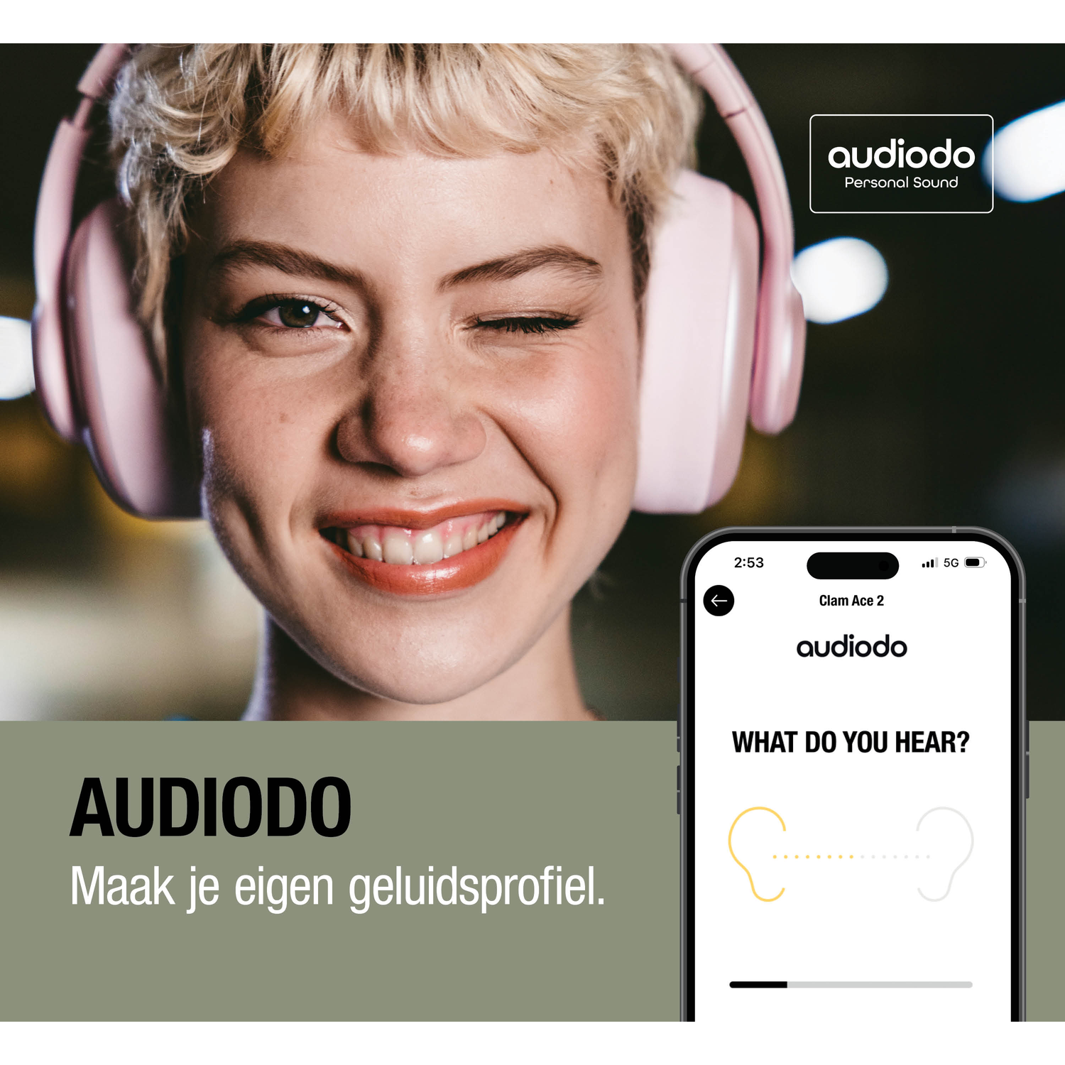 A woman with pink headphones winks. A smartphone displays an app.