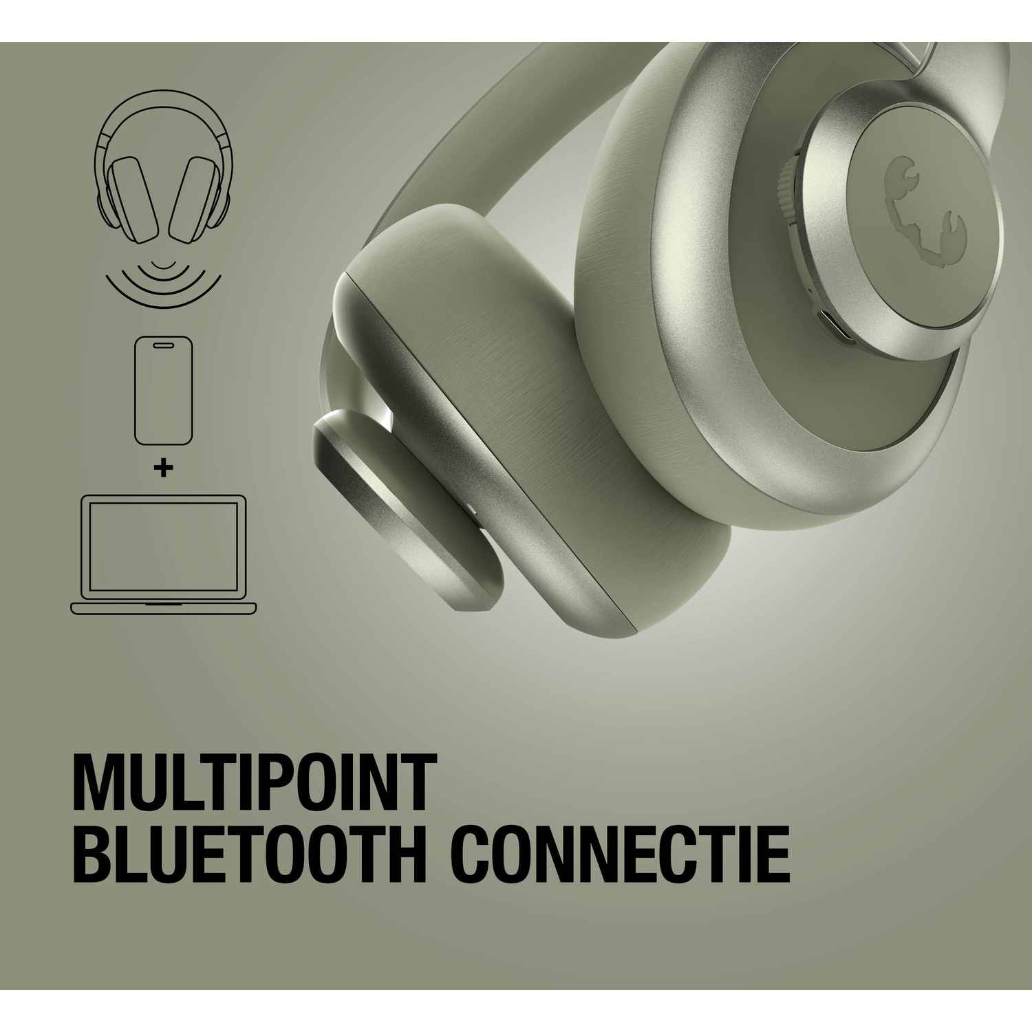 Headphones icon connected to smartphone and laptop. Multipoint Bluetooth.