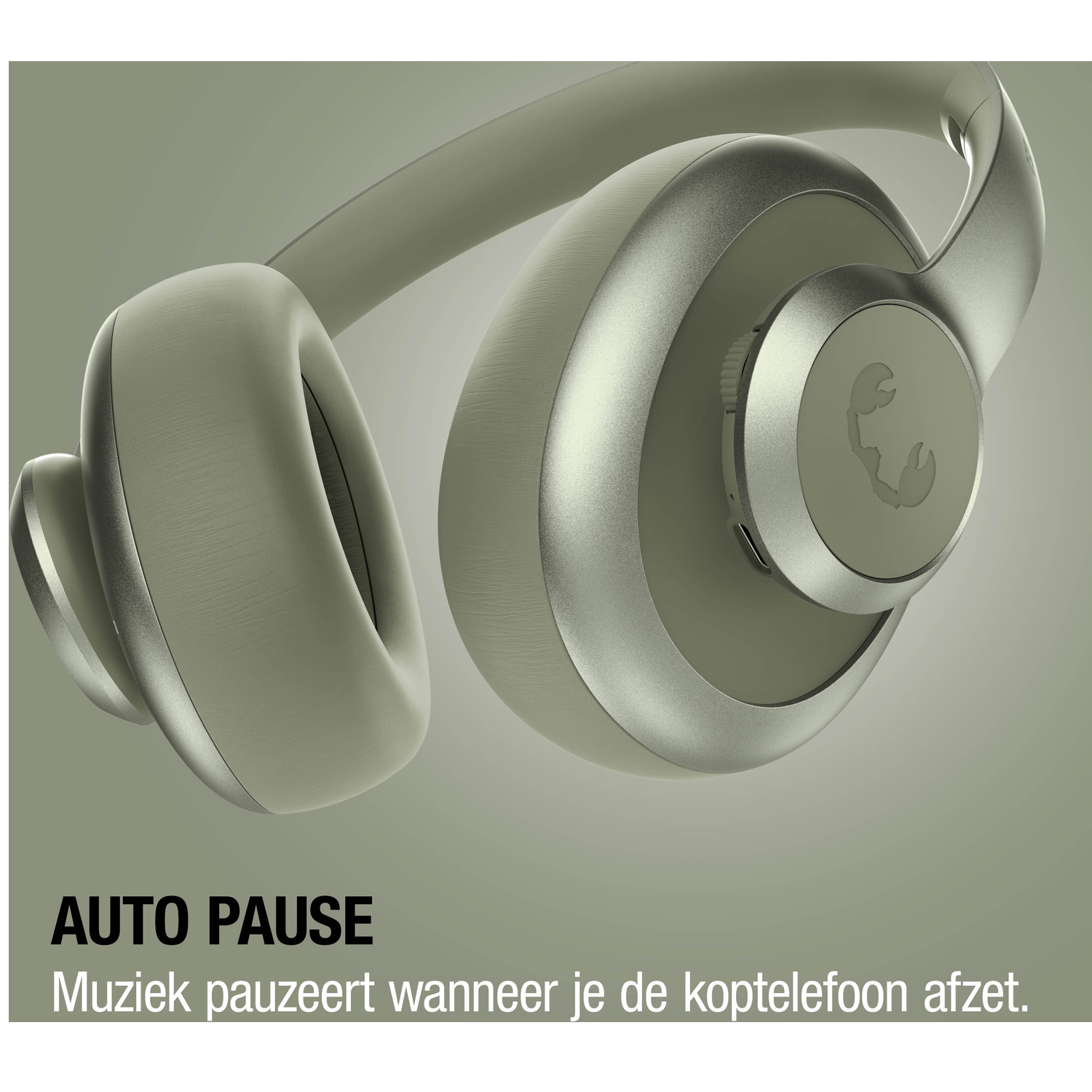 Gray headphones with a stylized scorpion logo on the right earcup.