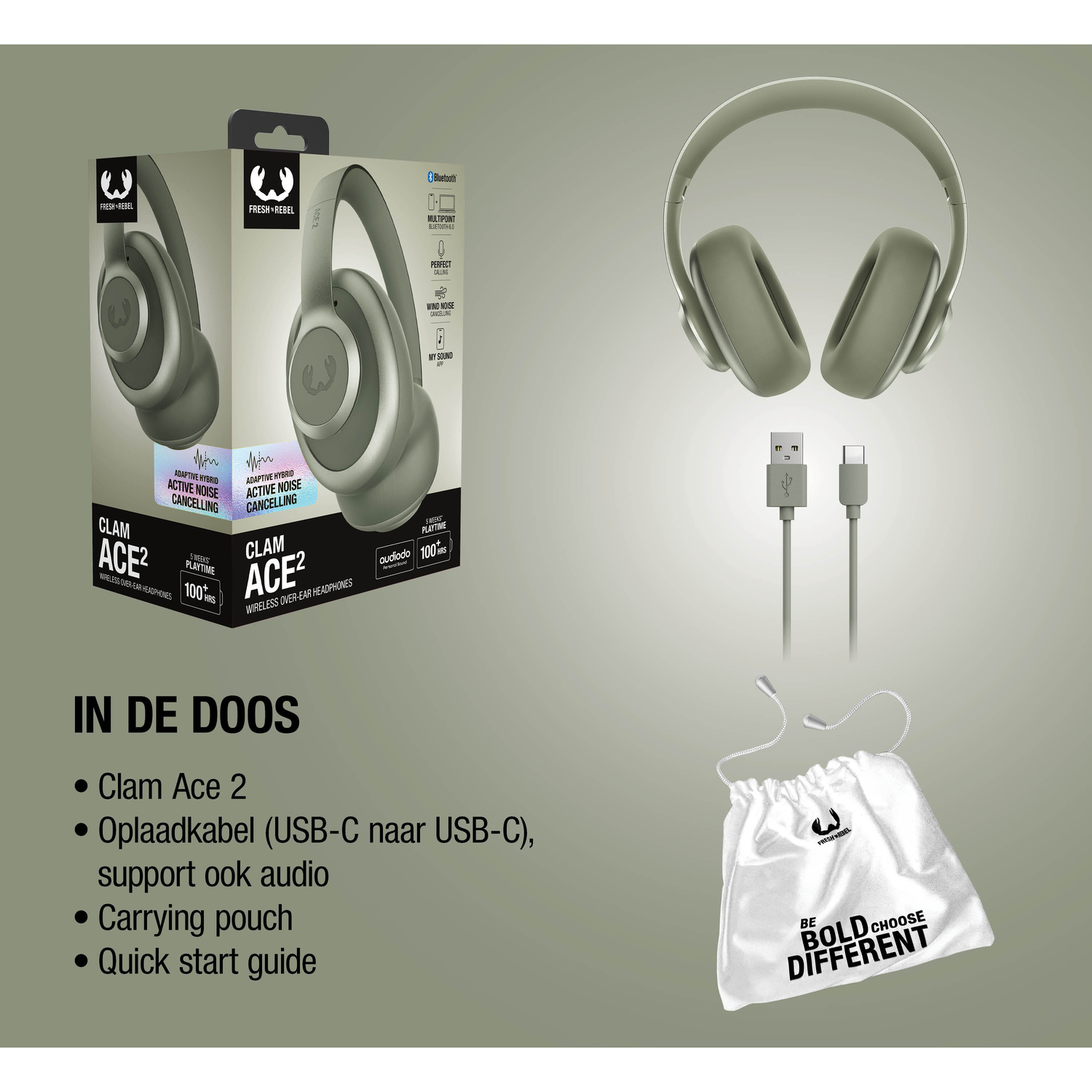 Green headphone packaging with headphones, cable, and accessory pouch.