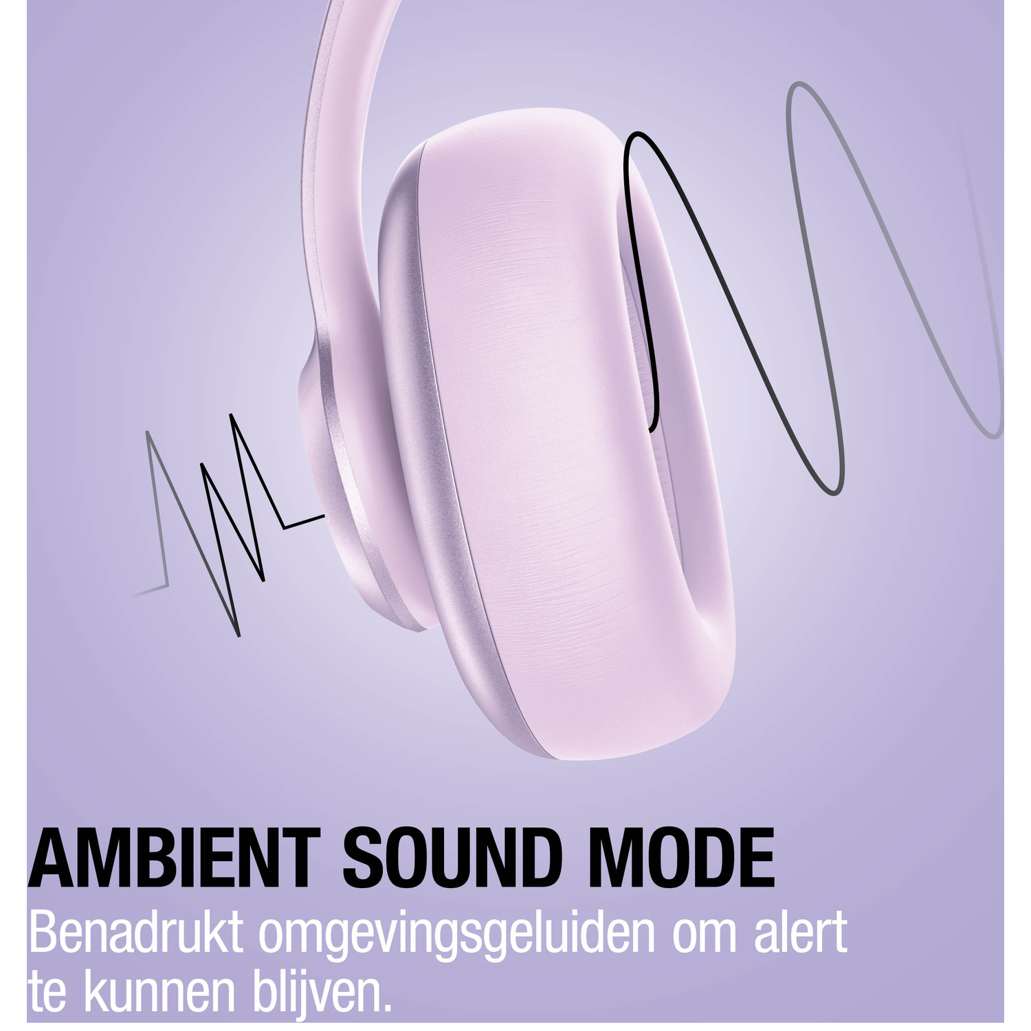 Een lila koptelefoon met geluidsgolf-graphics en tekst.