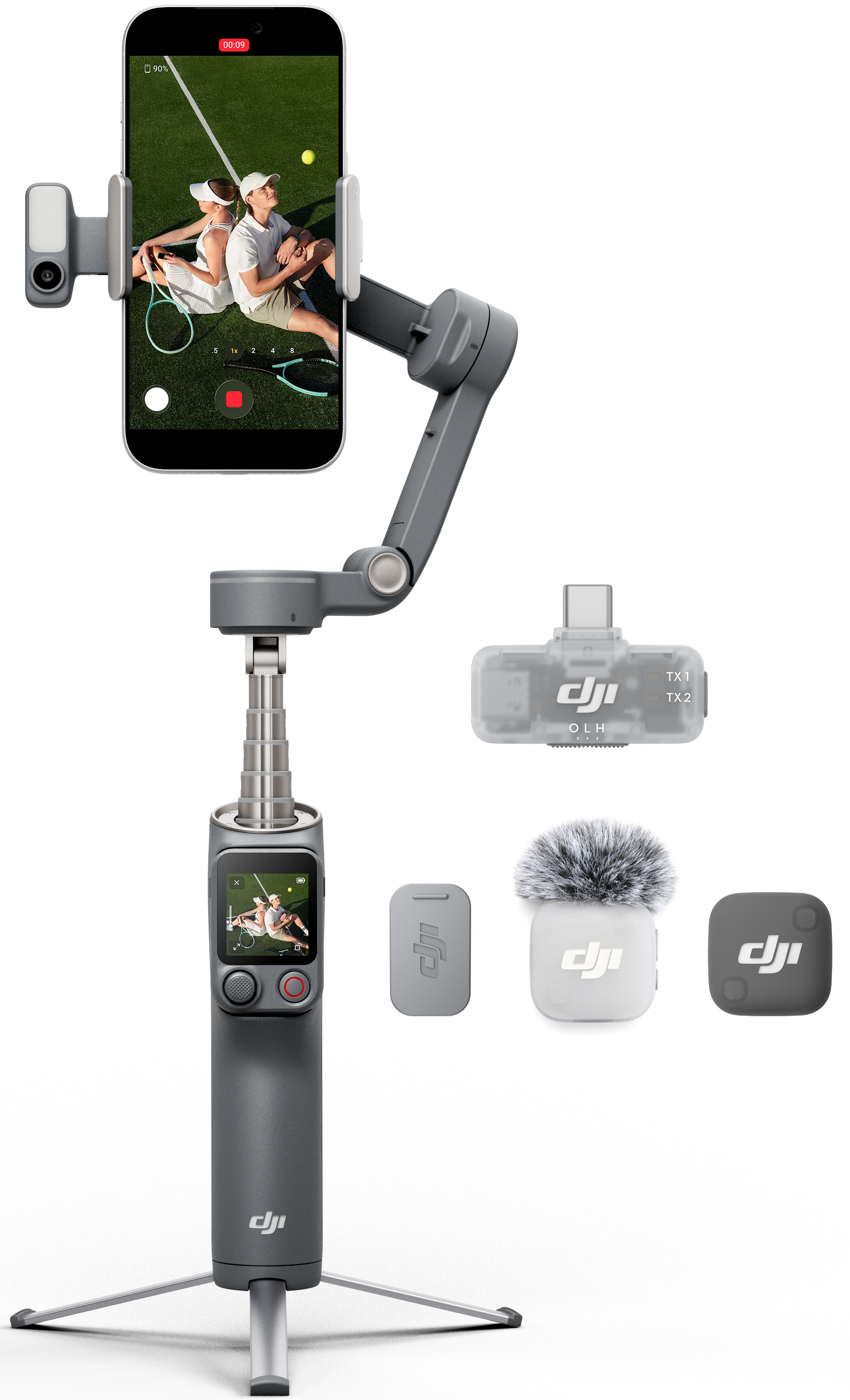 Gimbal DJI avec smartphone, microphone et accessoires sur fond noir.