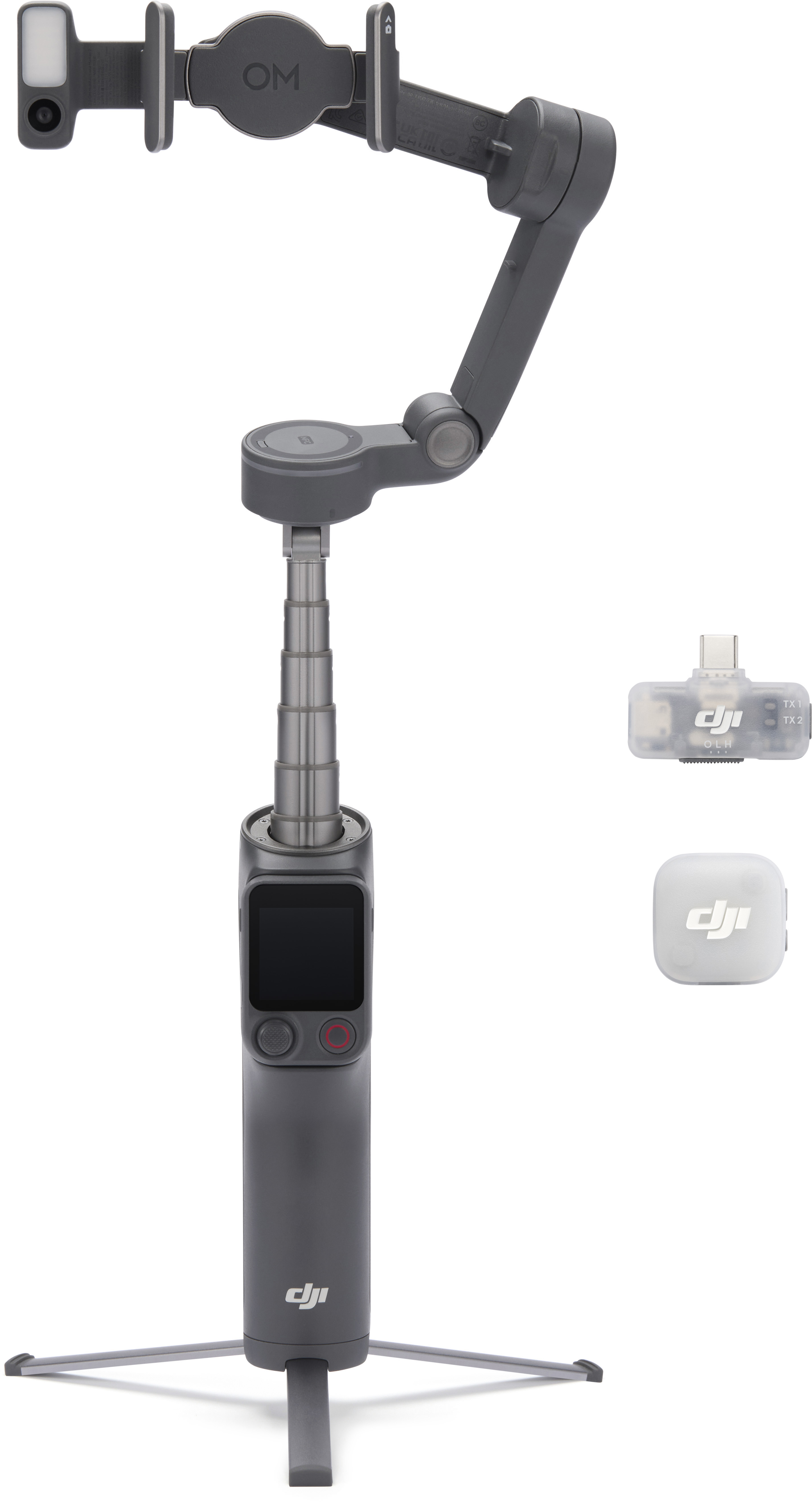 Gimbal DJI gris avec trépied, support de téléphone et deux émetteurs sans fil.