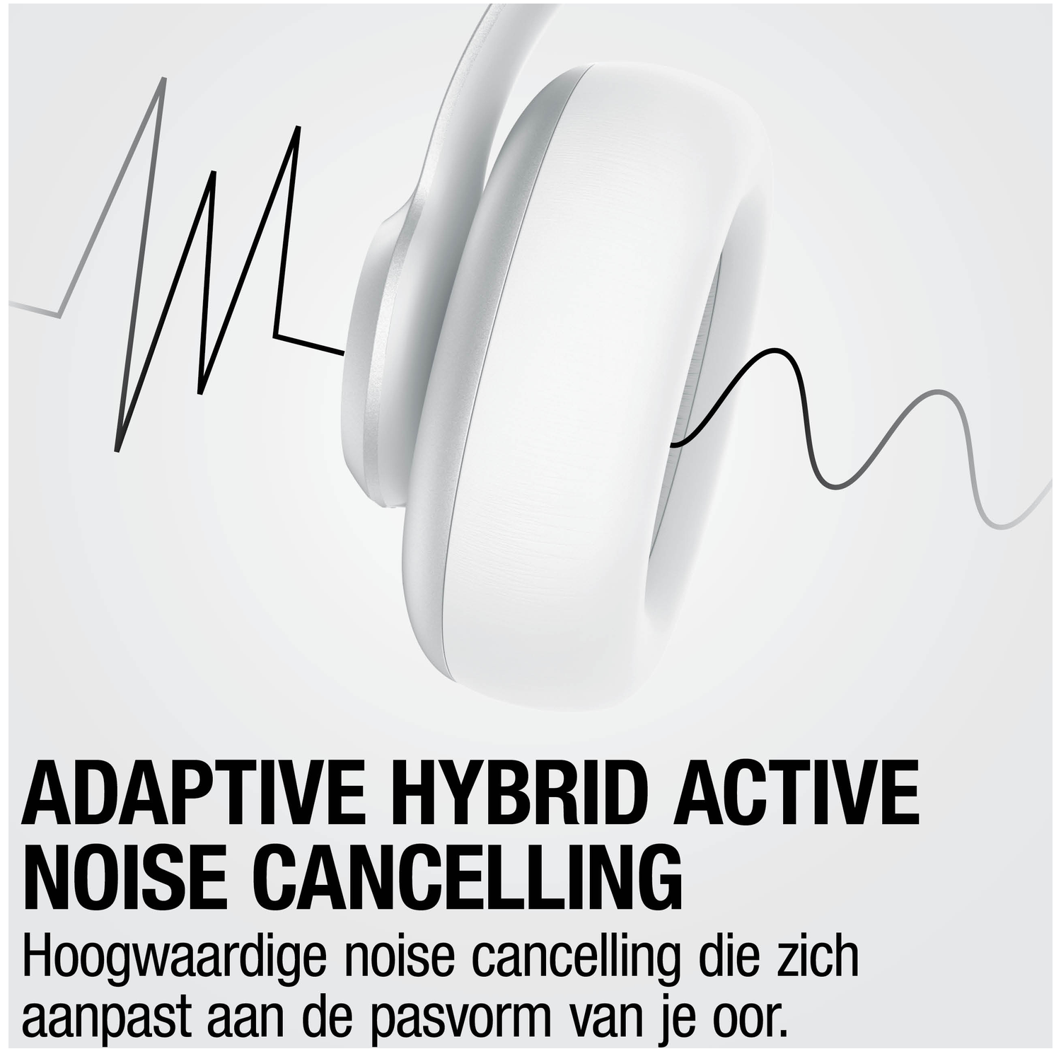Witte koptelefoon met geluidsgolven en tekst over adaptieve ruisonderdrukking.