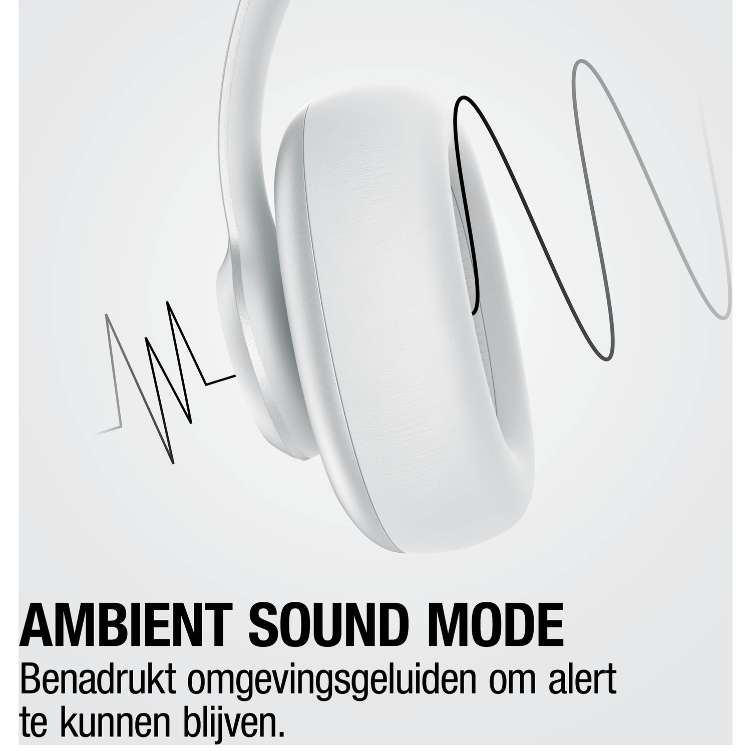Witte koptelefoon met geluidsgolfafbeeldingen. Ambient Sound Mode tekst.