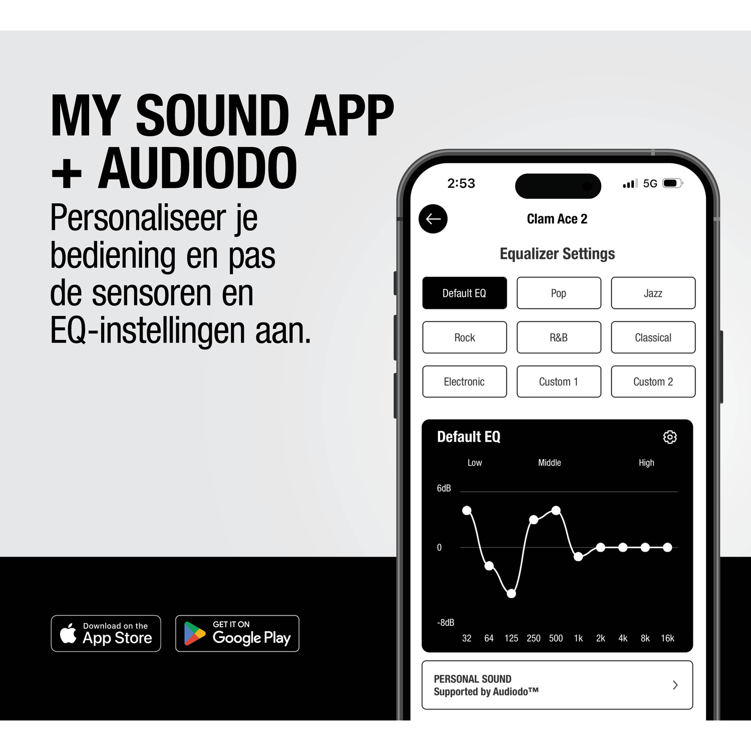 App-interface met equalizerinstellingen en Audiologo. Tekst links: 'MY SOUND APP + AUDIODO'.