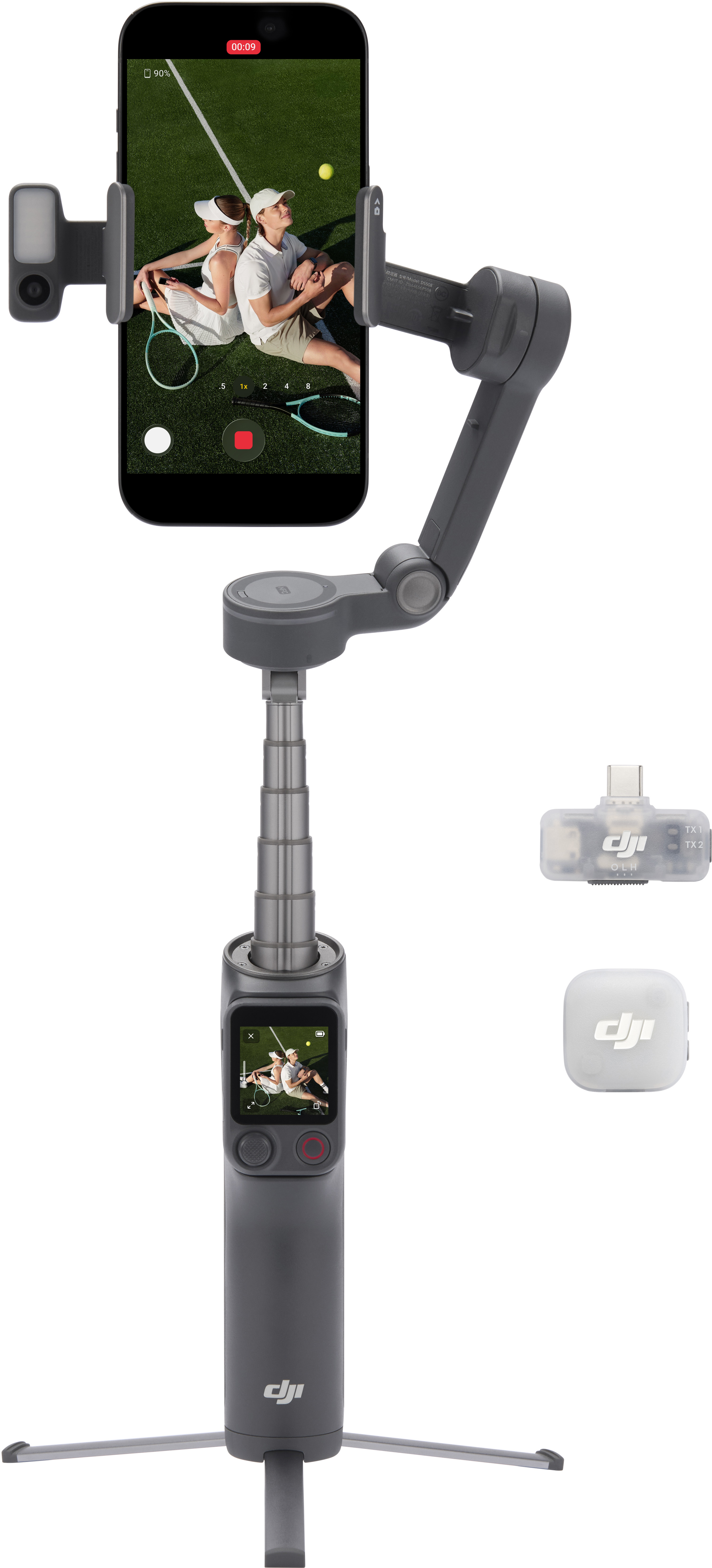 Un cardan pour smartphone avec un couple assis sur un court de tennis. Des accessoires sont montrés.