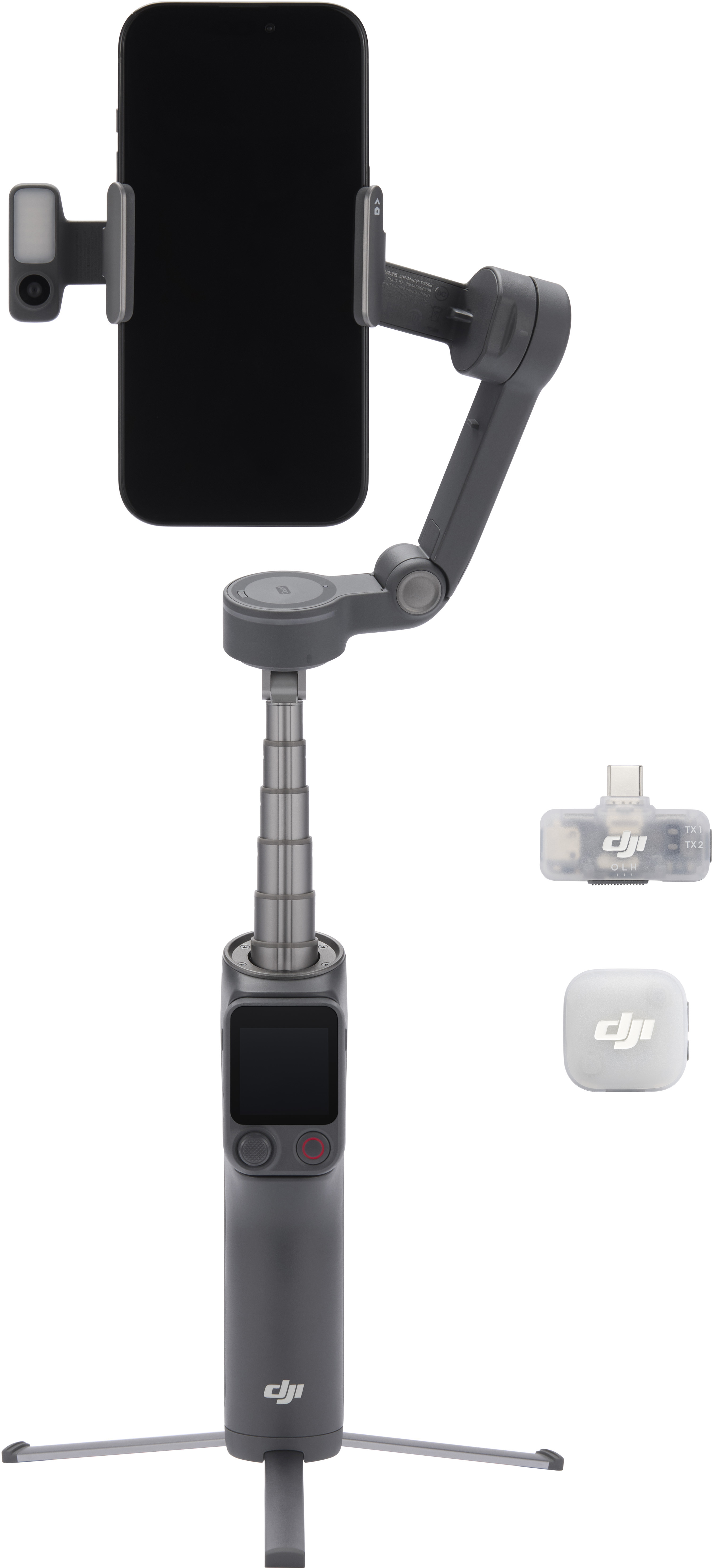 Gimbal gris pour smartphone avec manche extensible, petit écran et trépied. Accessoires visibles.