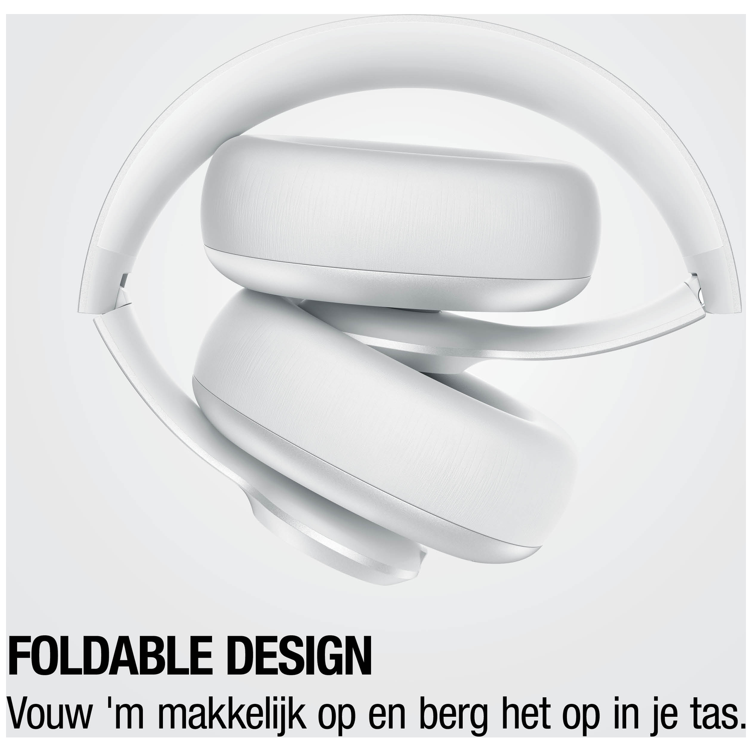 Witte koptelefoon, opvouwbaar ontwerp, op spiegelend oppervlak.