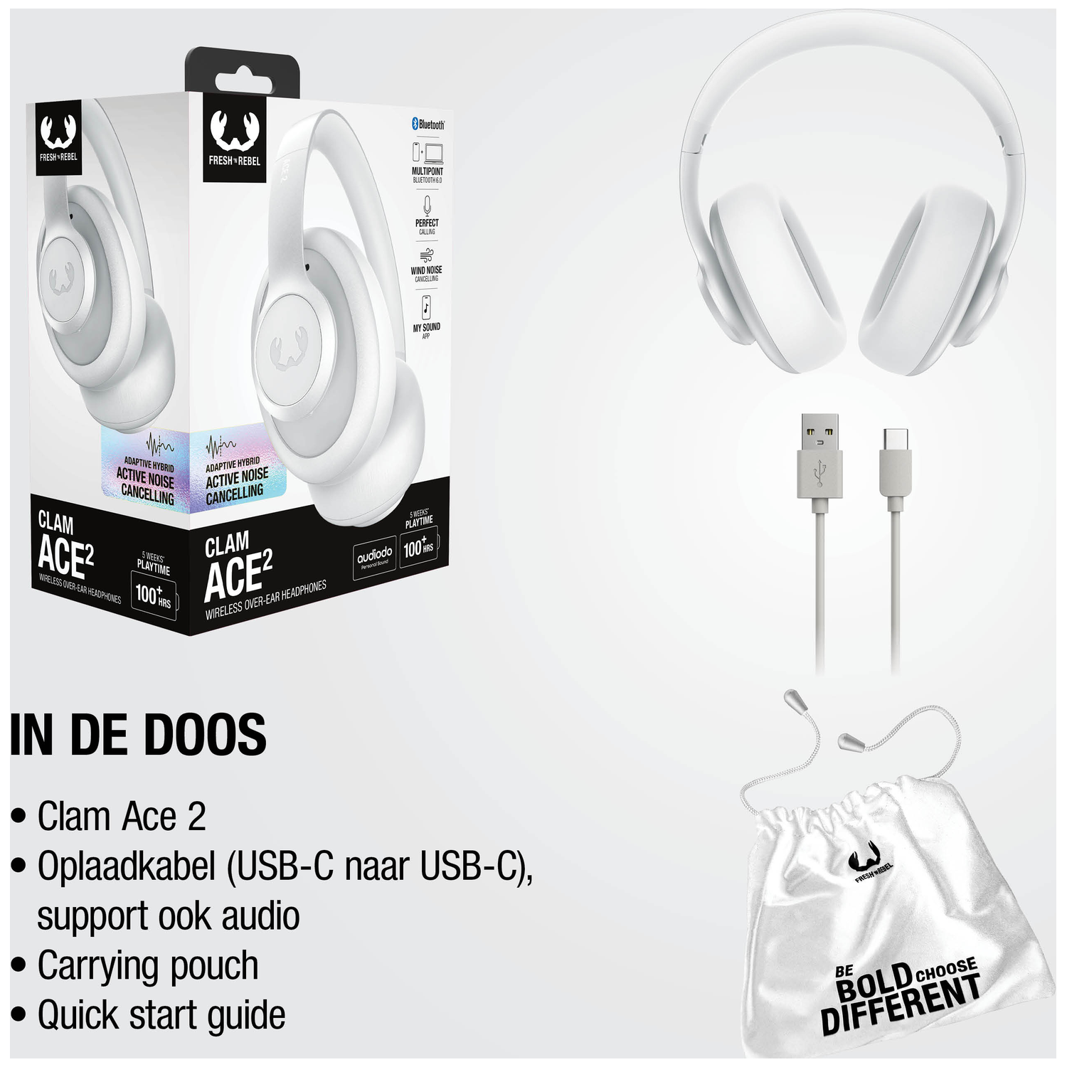 Witte koptelefoon met accessoires: kabels, tasje en gids.