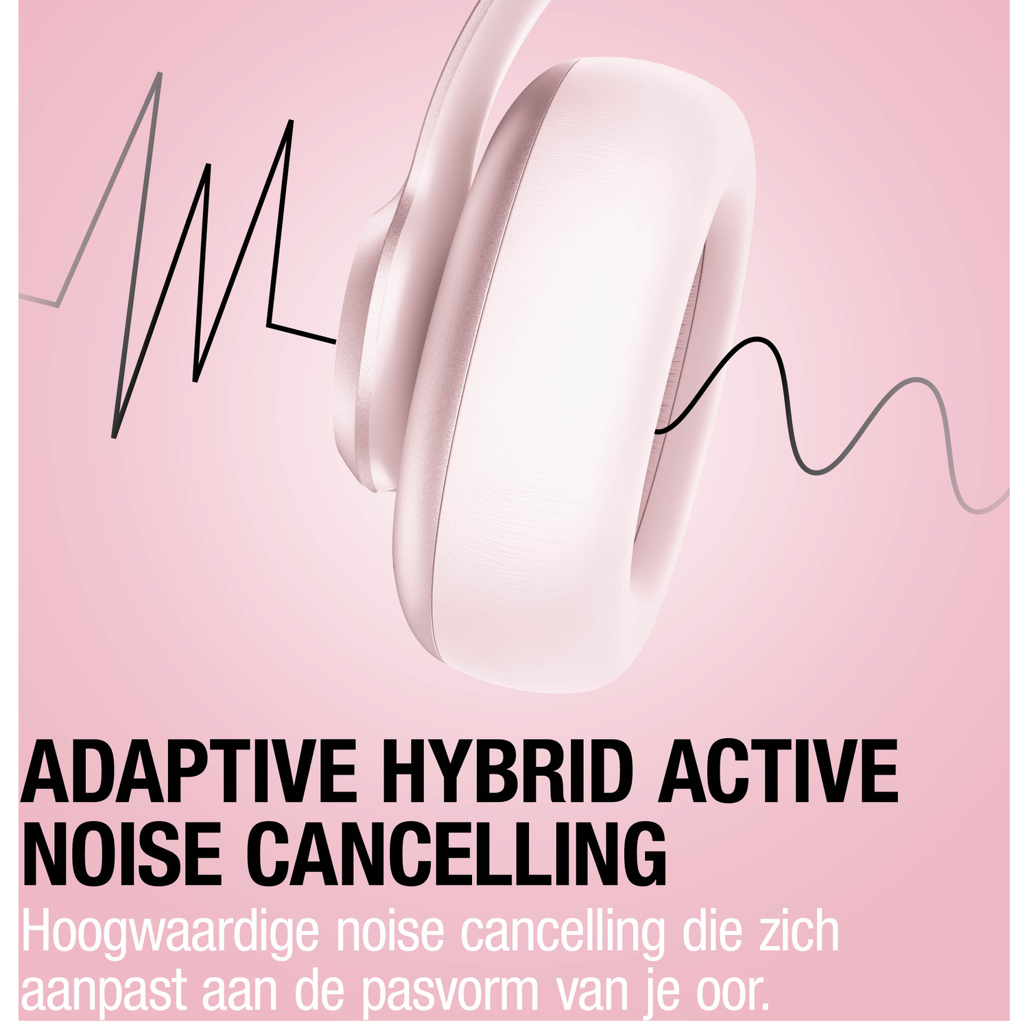 A pink headphone with equalizer lines and text about noise cancellation.