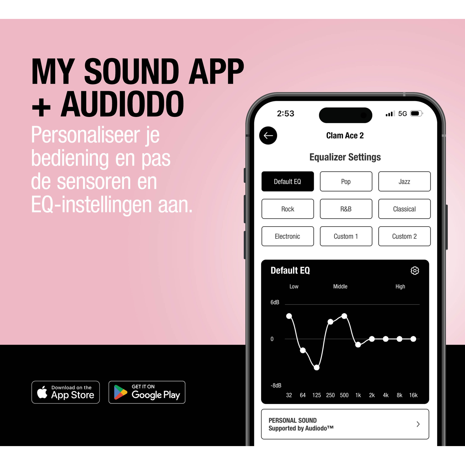 App screen showing equalizer settings, EQ graph, and download buttons.
